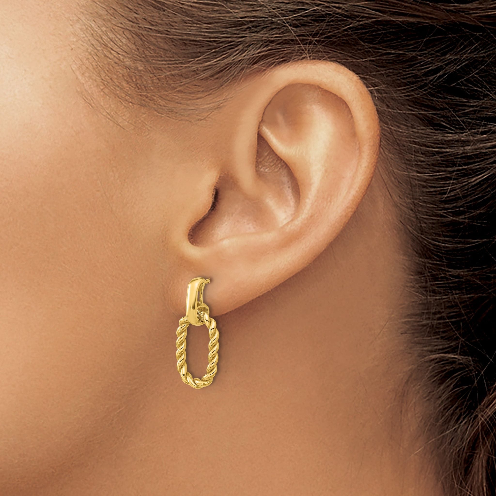 14K Polished and Twisted Oval Link Dangle Post Earrings