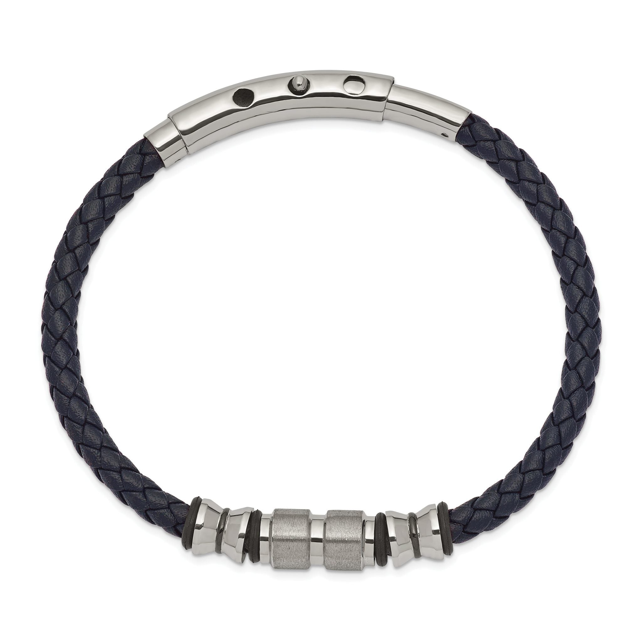 Chisel Stainless Steel Brushed and Polished Black IP-plated with Rubber Blue Braided Leather Adjustable 7.75 to 8.25 inch Bracelet Secondary image