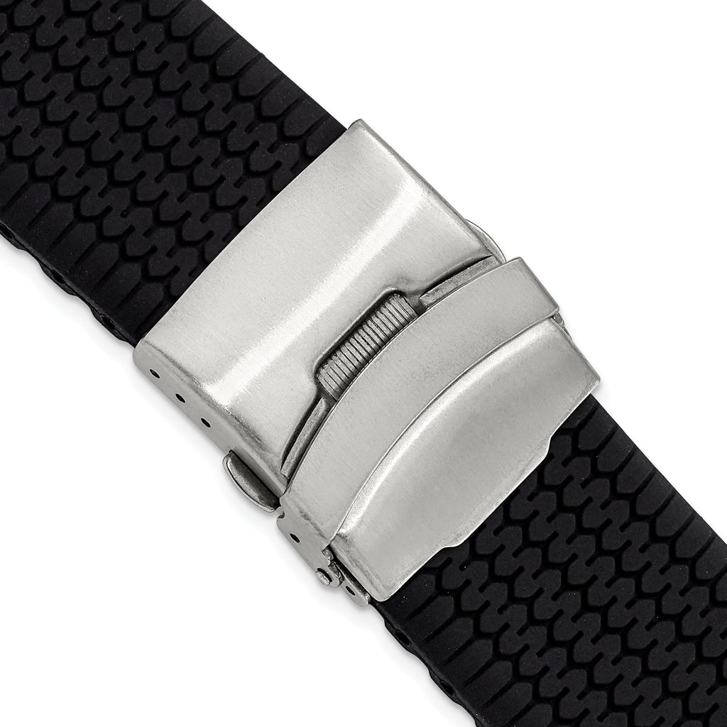Black Tread Silicone Watch Band with Stainless Steel Buckle, 22mm