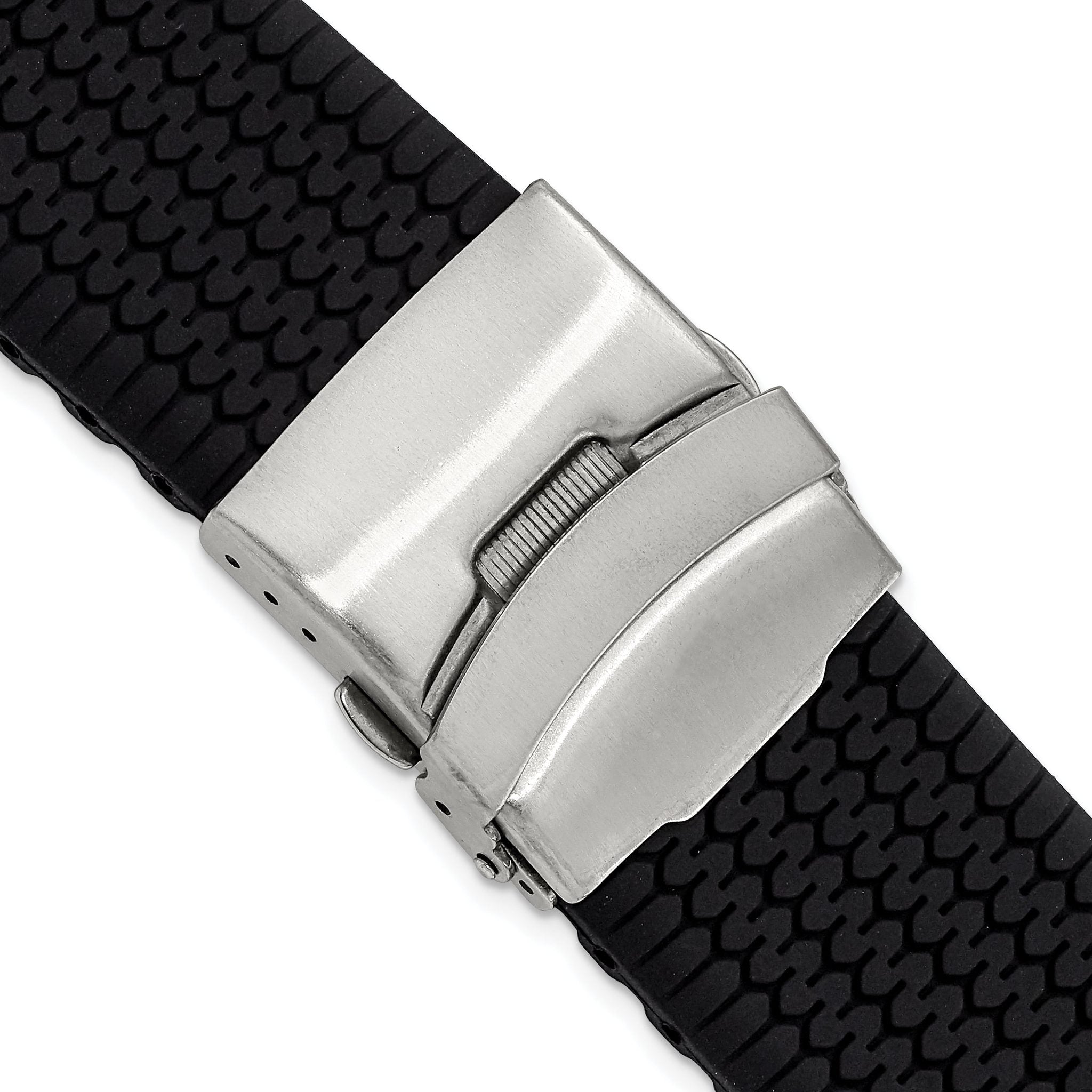 Black Tread Silicone Watch Band with Stainless Steel Buckle, 22mm