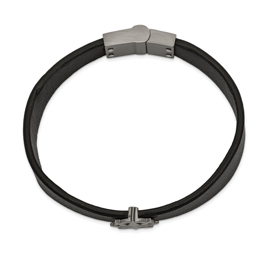Stainless Steel Brushed Antiqued White Bronze-plated Compass Black Leather Bracelet for Men
