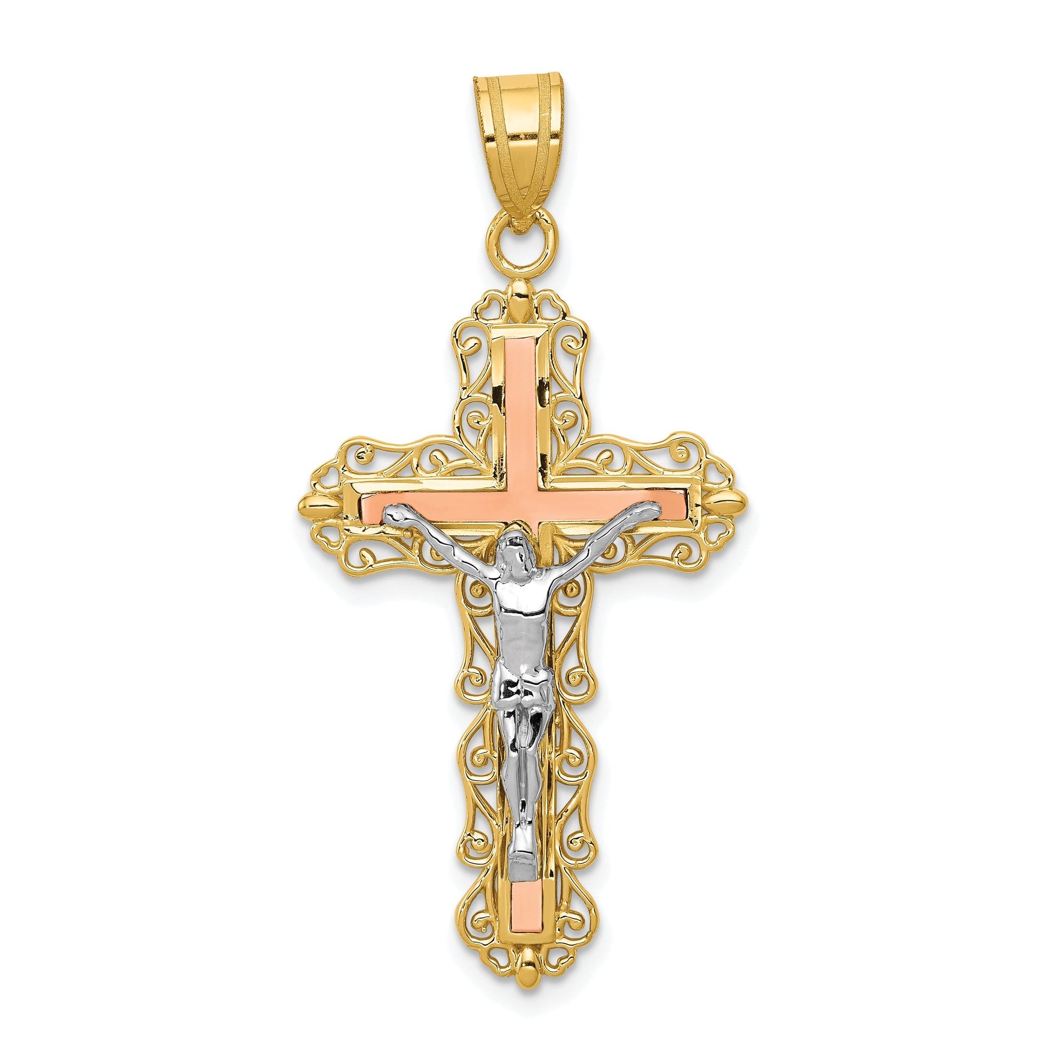 14K Tri-Color Gold Crucifix Pendant with Diamond-Cut Detailing 43mm Main image