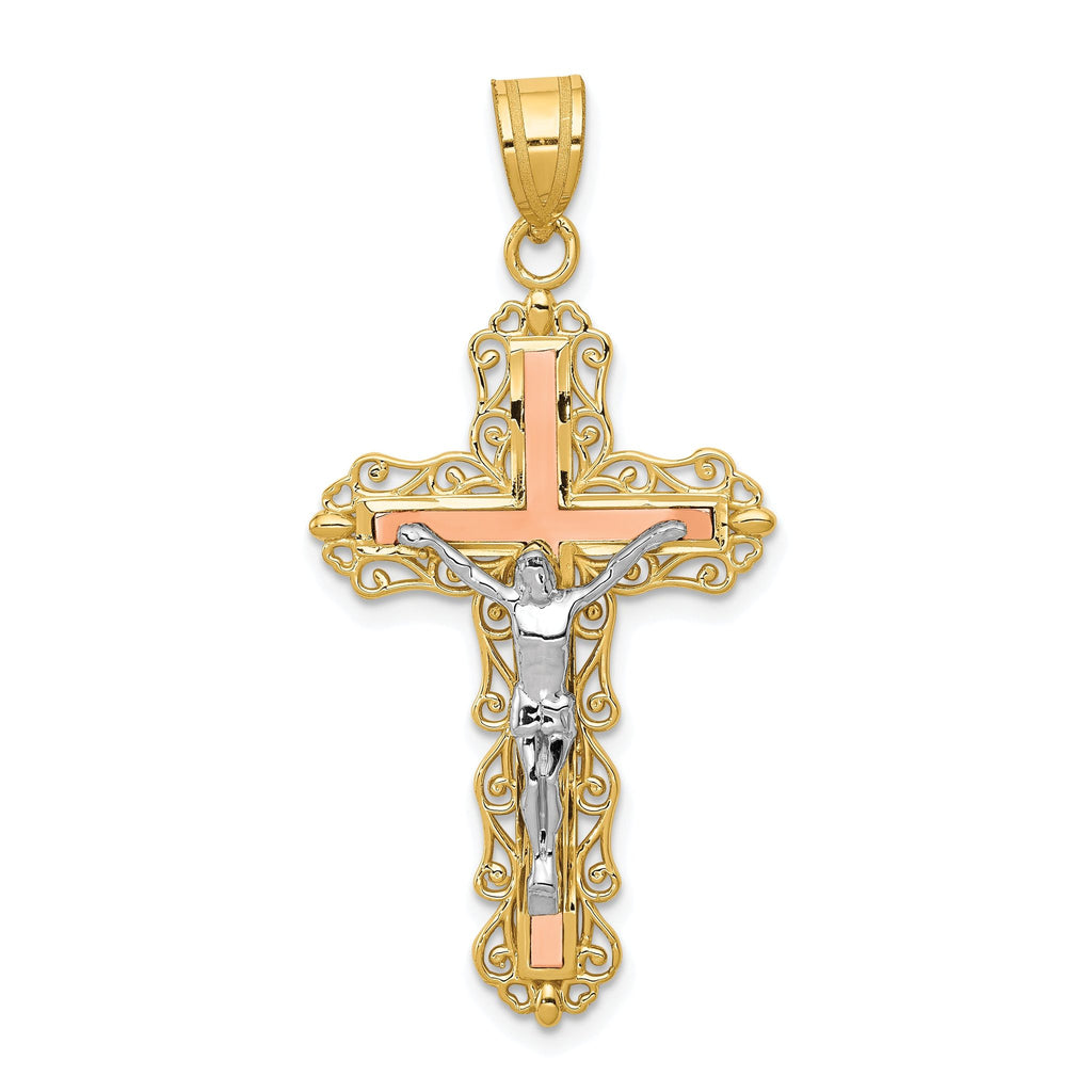 14K Tri-Color Gold Crucifix Pendant with Diamond-Cut Detailing 43mm
