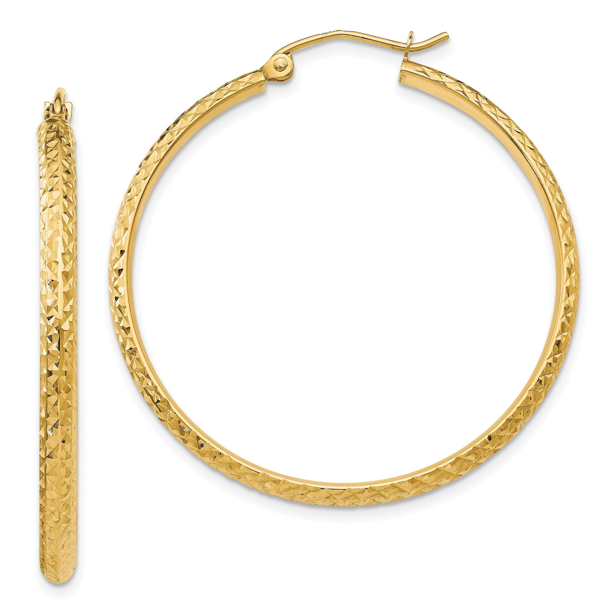 14K Diamond-cut 2.8x37mm Hollow Hoop Earrings