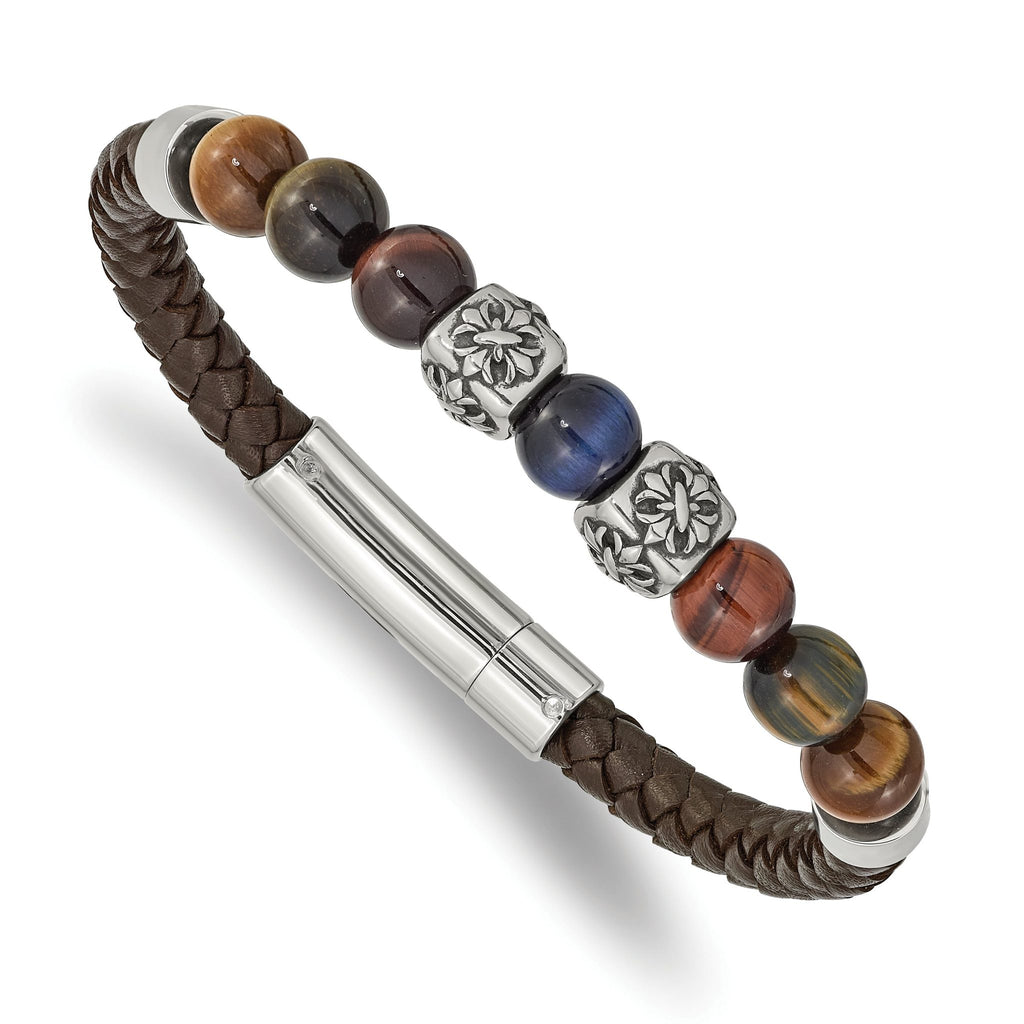 Stainless Steel Antiqued and Polished MultiColor Tiger's Eye Beads Brown Leather Bracelet for Men