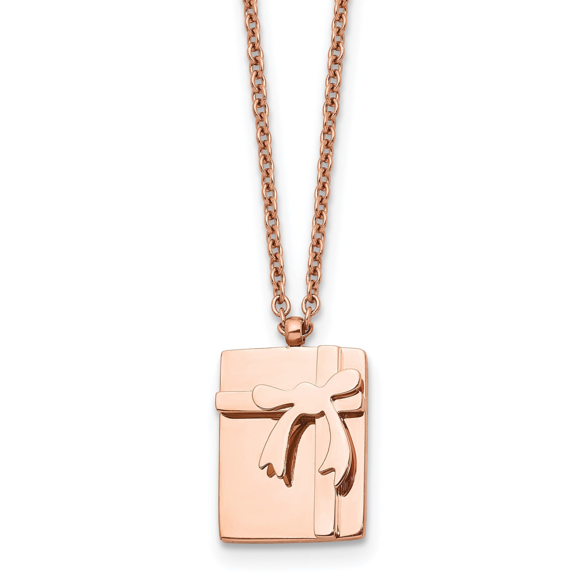 Rose-Tone Gift & Bow Necklace in Stainless Steel