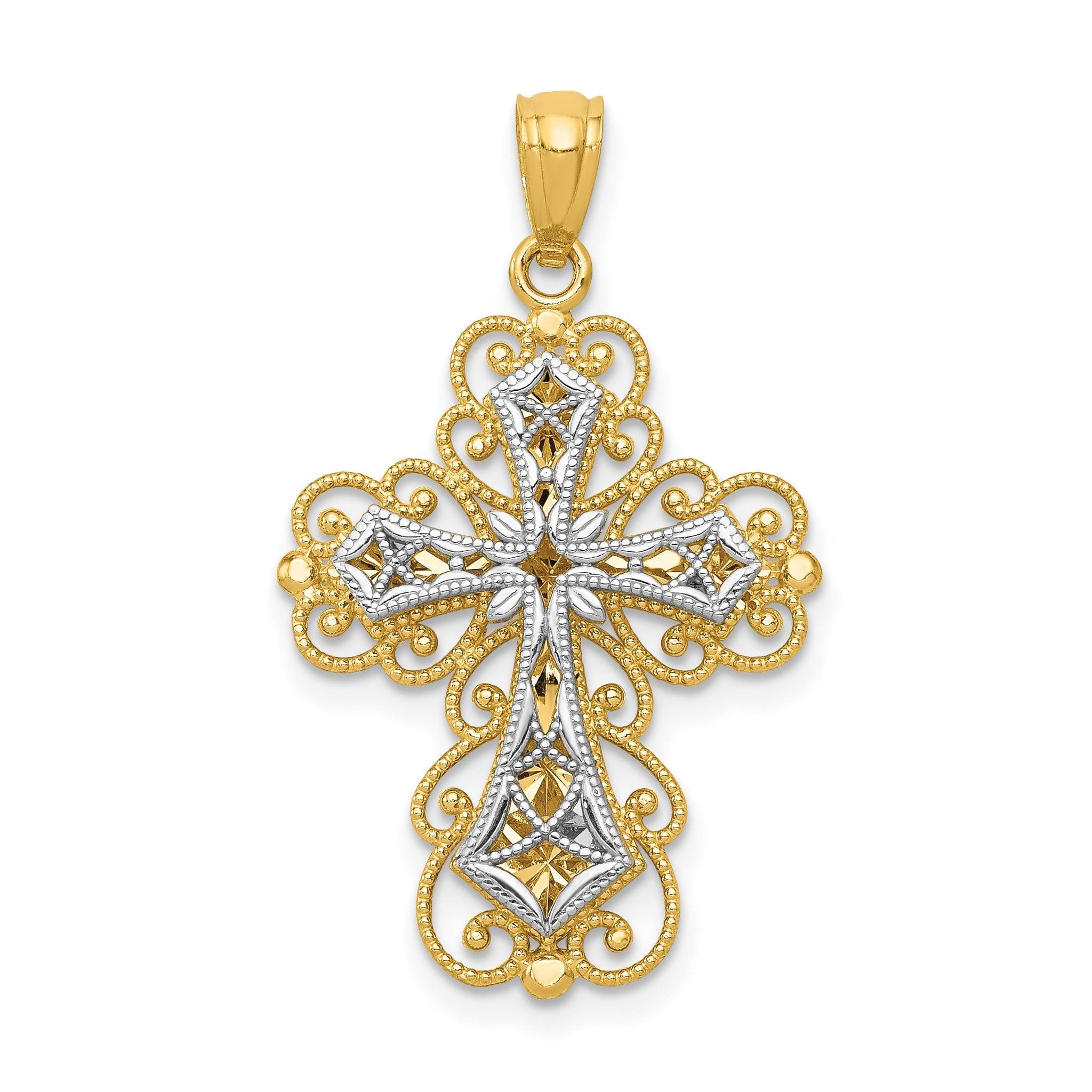 14K Two-Tone Gold Filigree Cross Pendant with Polished Finish Elegant Design Main image