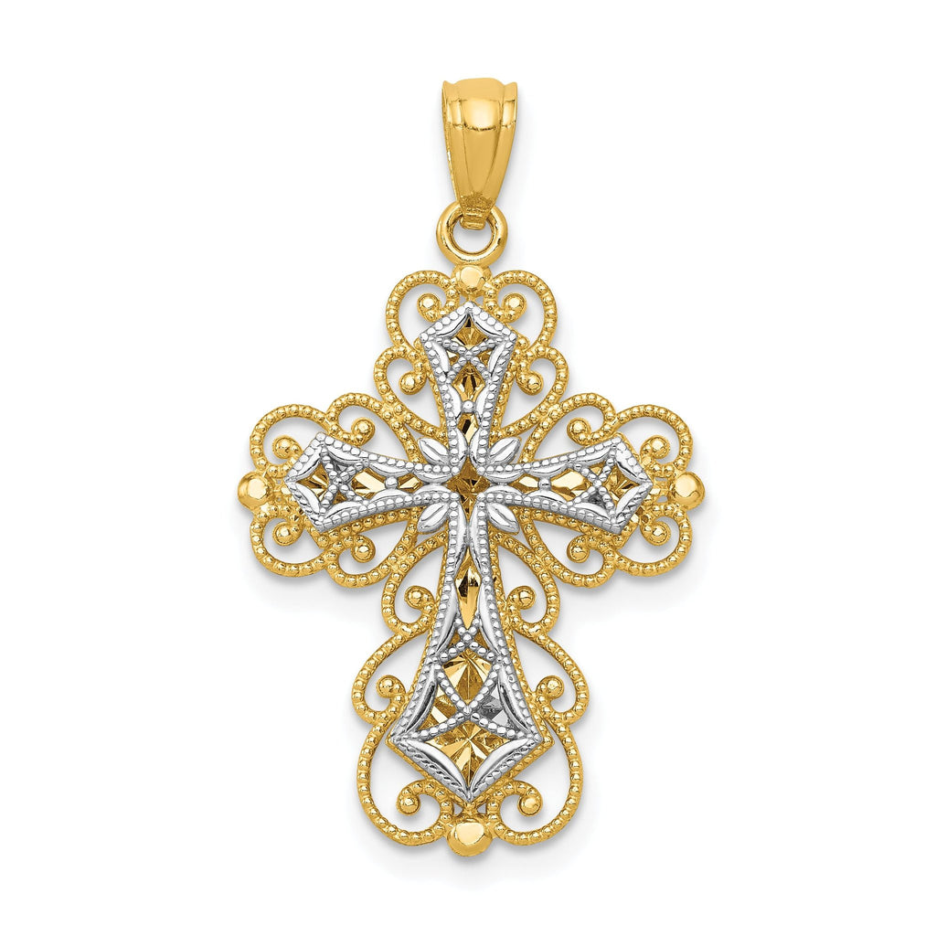 14K Two-Tone Gold Filigree Cross Pendant with Polished Finish Elegant Design