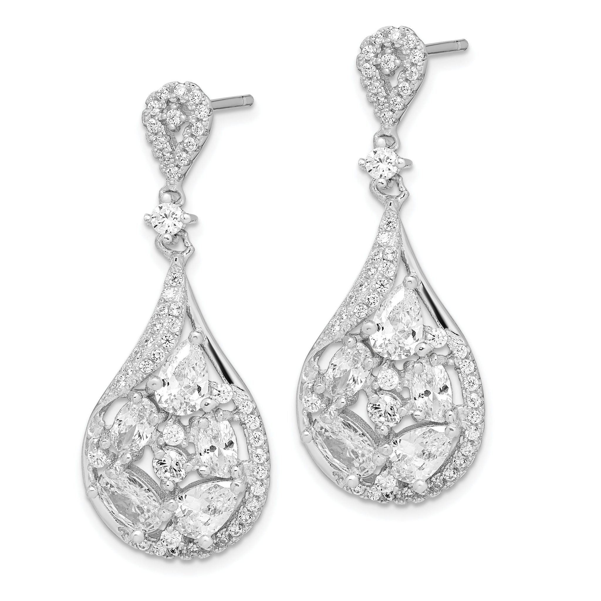 Sterling Silver RH-plated Polished Fancy CZ Teardrop Post Dangle Earrings Secondary image