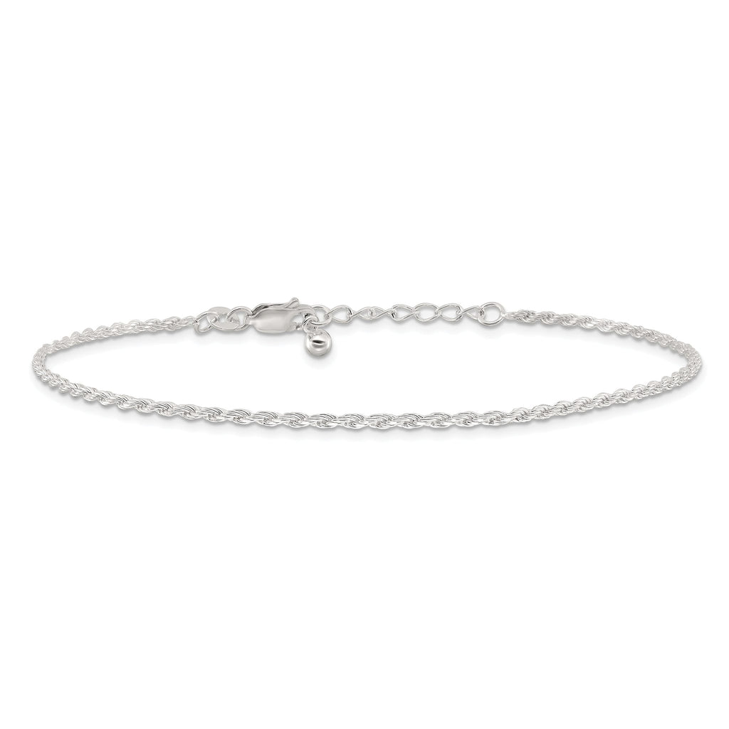 Sterling Silver 2mm Rope Chain 9 inch Plus 1 inch Extender - Total 10 inch Anklet