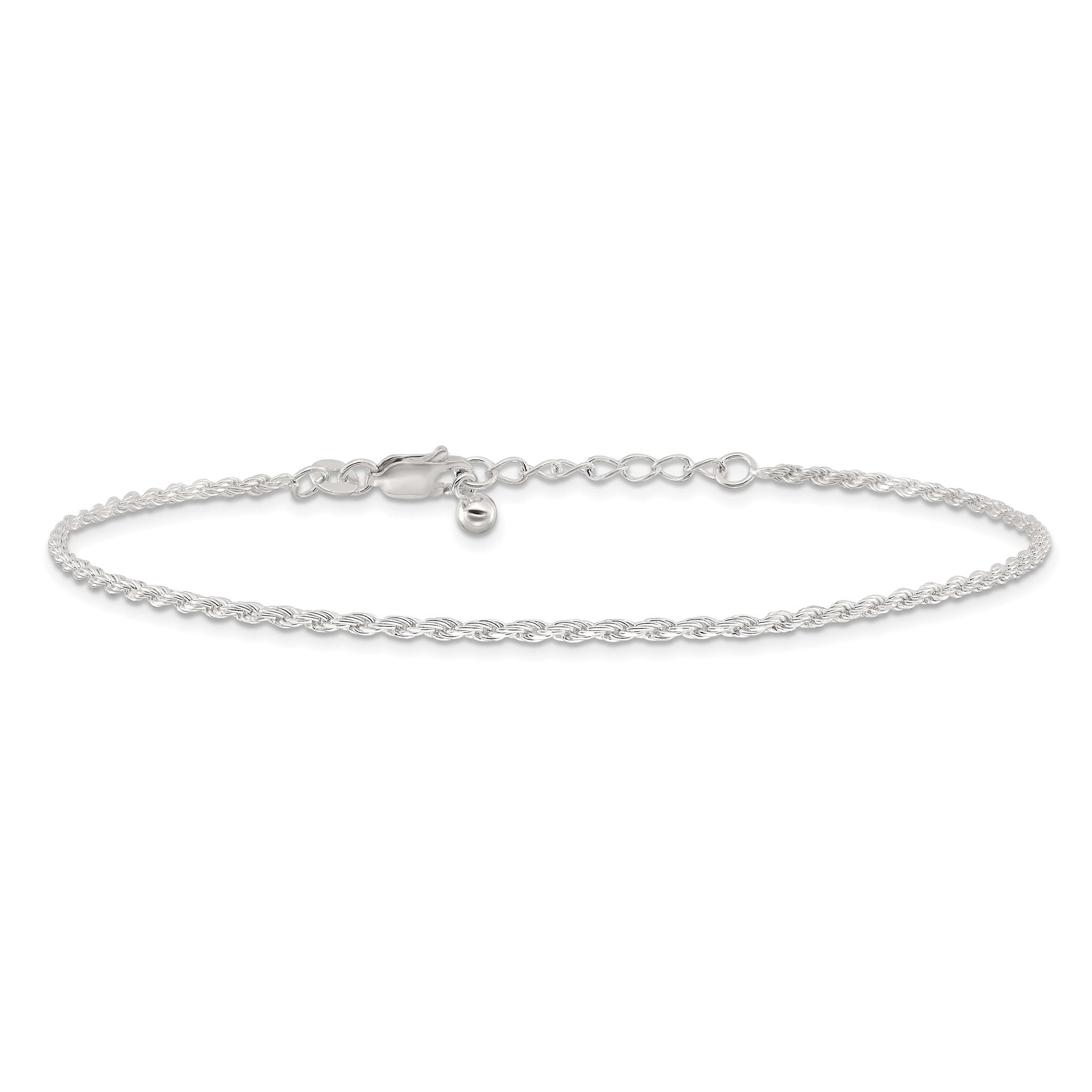 Sterling Silver 2mm Rope Chain 9 inch Plus 1 inch Extender - Total 10 inch Anklet
