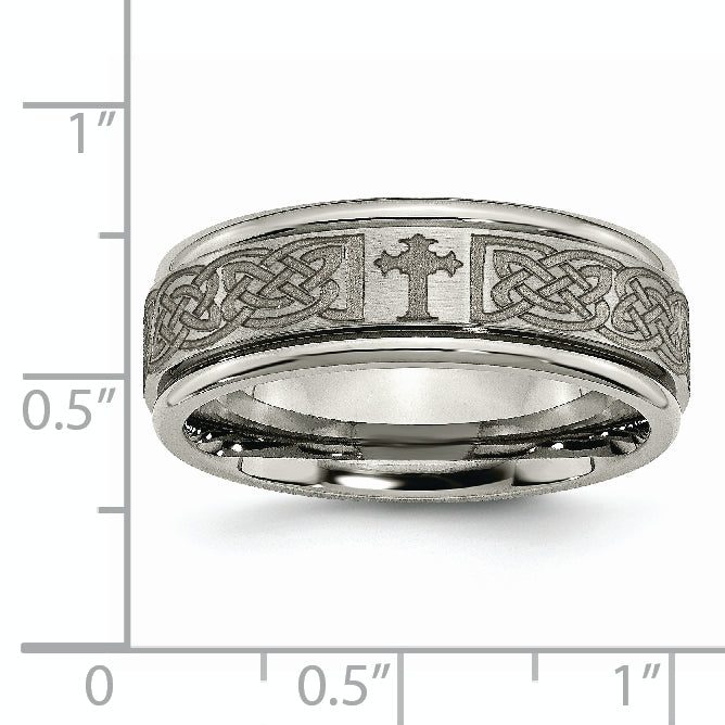 Chisel Titanium Brushed and Polished Cross Laser Design 8mm Ridged Edge Band