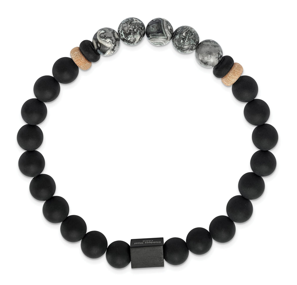 Stainless Steel Brushed Black IP-plated 8mm Black Agate and Grey Jasper Beaded Stretch Bracelet