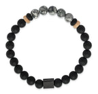 Stainless Steel Brushed Black IP-plated 8mm Black Agate and Grey Jasper Beaded Stretch Bracelet