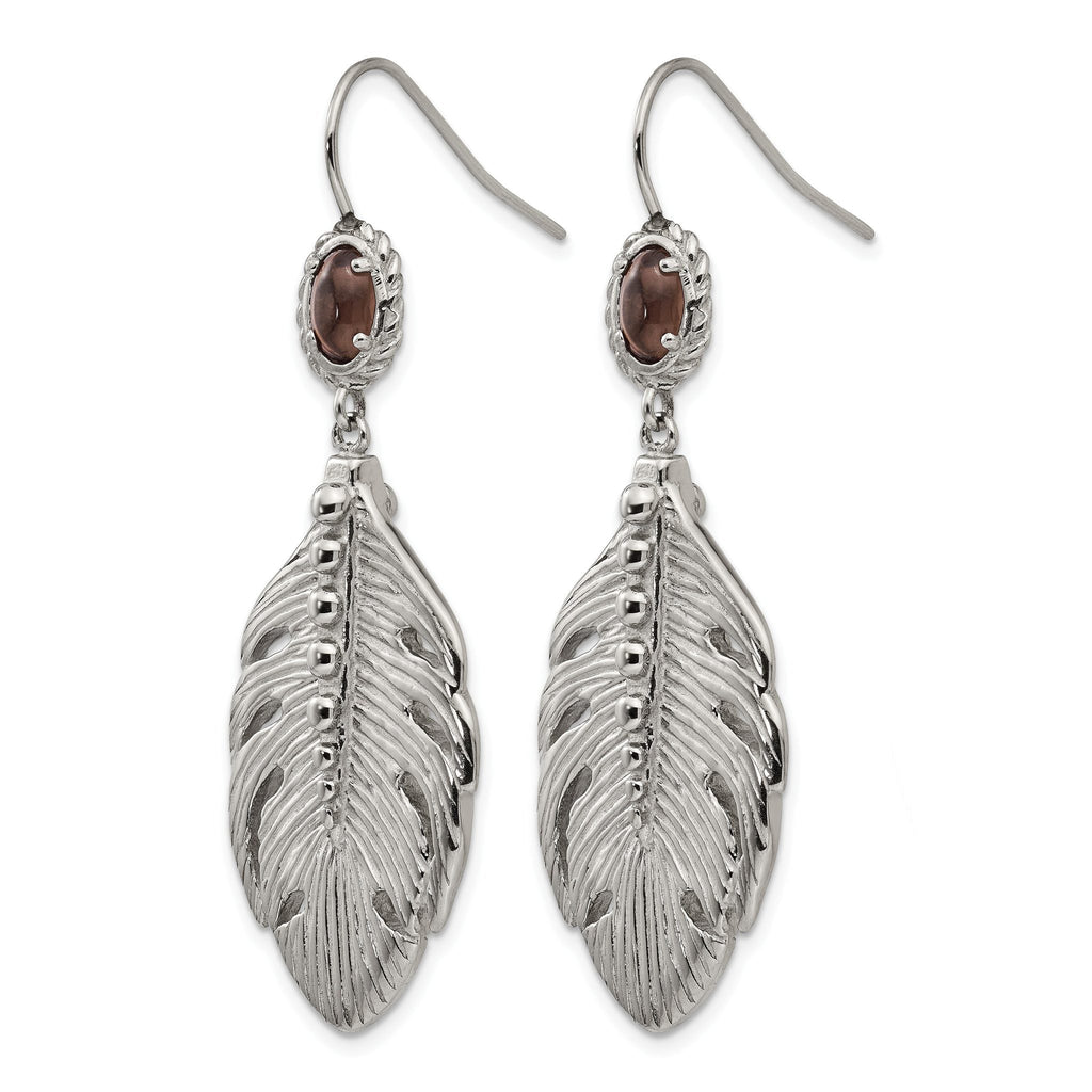 Stainless Steel Polished Textured Smoky Quartz Drop Dangle Earrings for Women