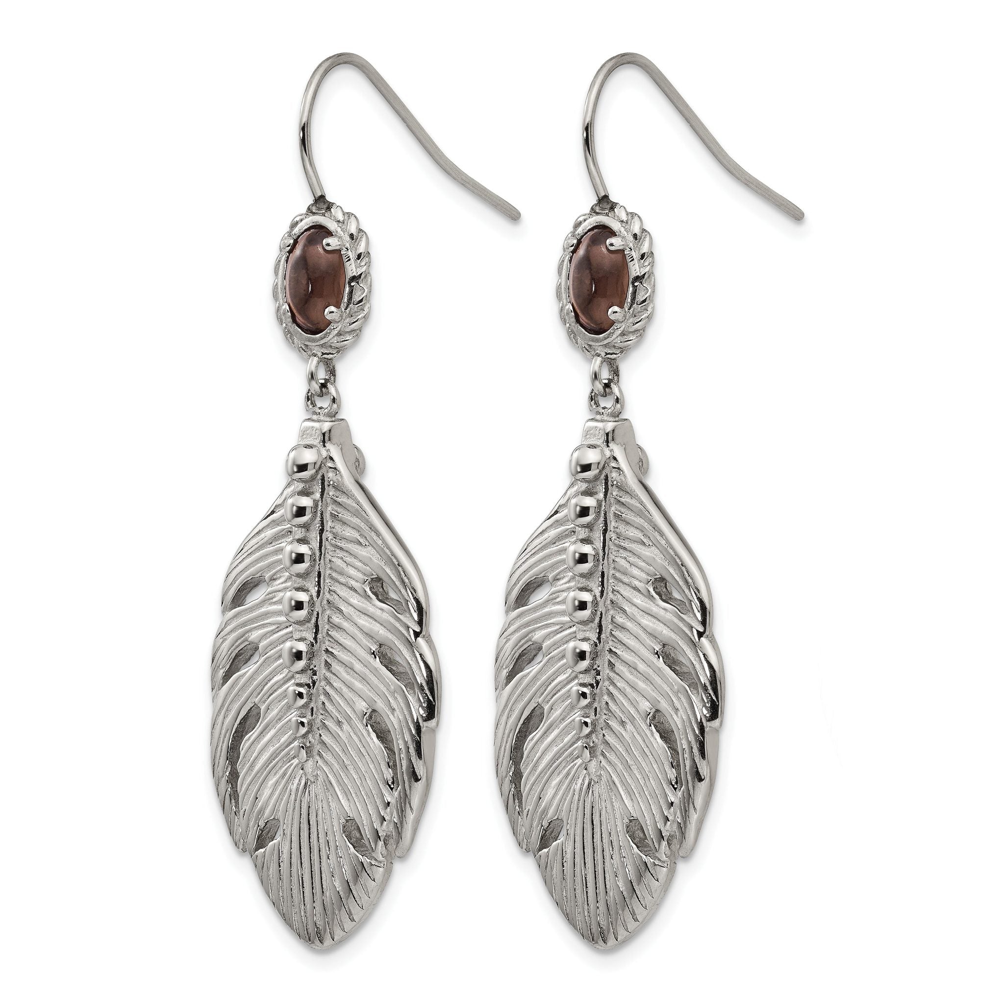 Stainless Steel Polished Textured Smoky Quartz Drop Dangle Earrings for Women