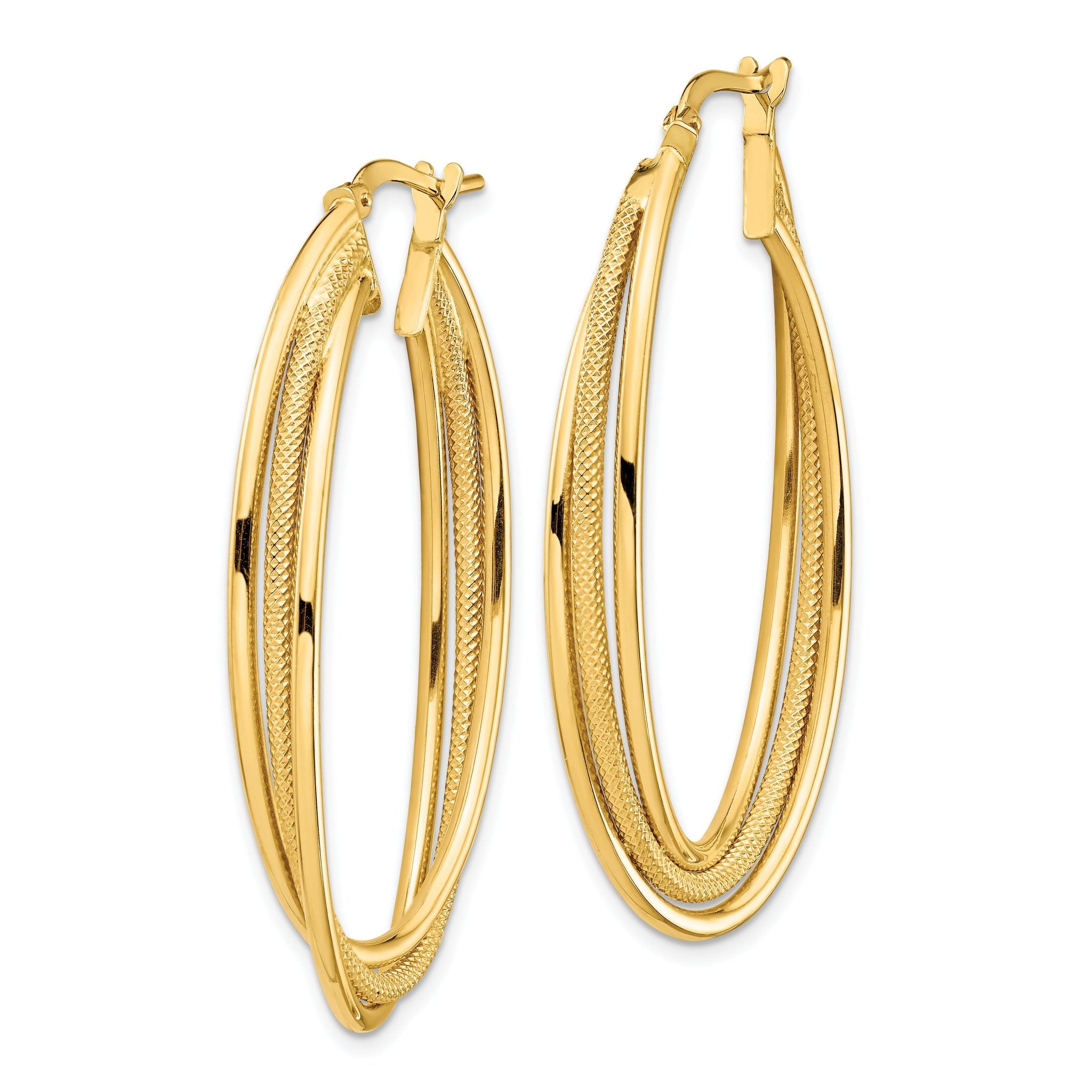 14k Polished and Textured Twisted Fancy Oval Hoop Earrings Secondary image