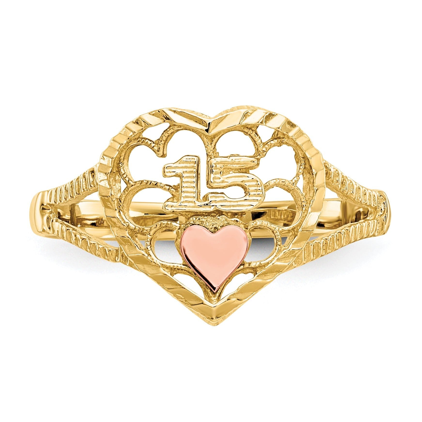 14K Two-tone Diamond Cut 15 Heart Ring