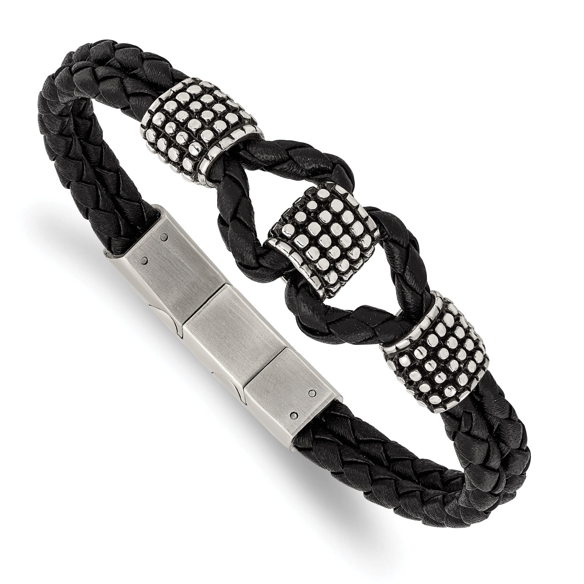 Stainless Steel Antiqued & Polished Black Leather with . ext Bracelet Main image