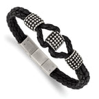 Stainless Steel Antiqued & Polished Black Leather with . ext Bracelet