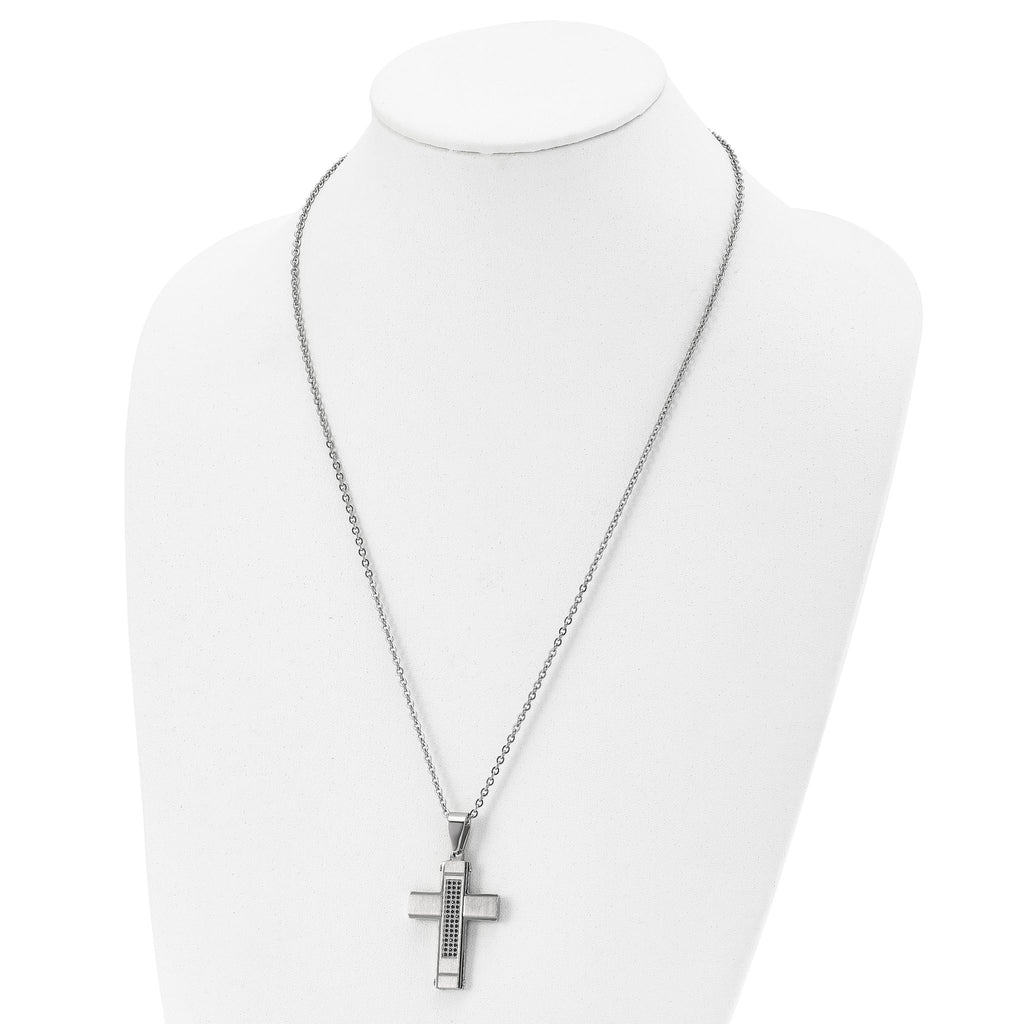 Stainless Steel Brushed and Polished w/Black CZ Cross 24in Necklace