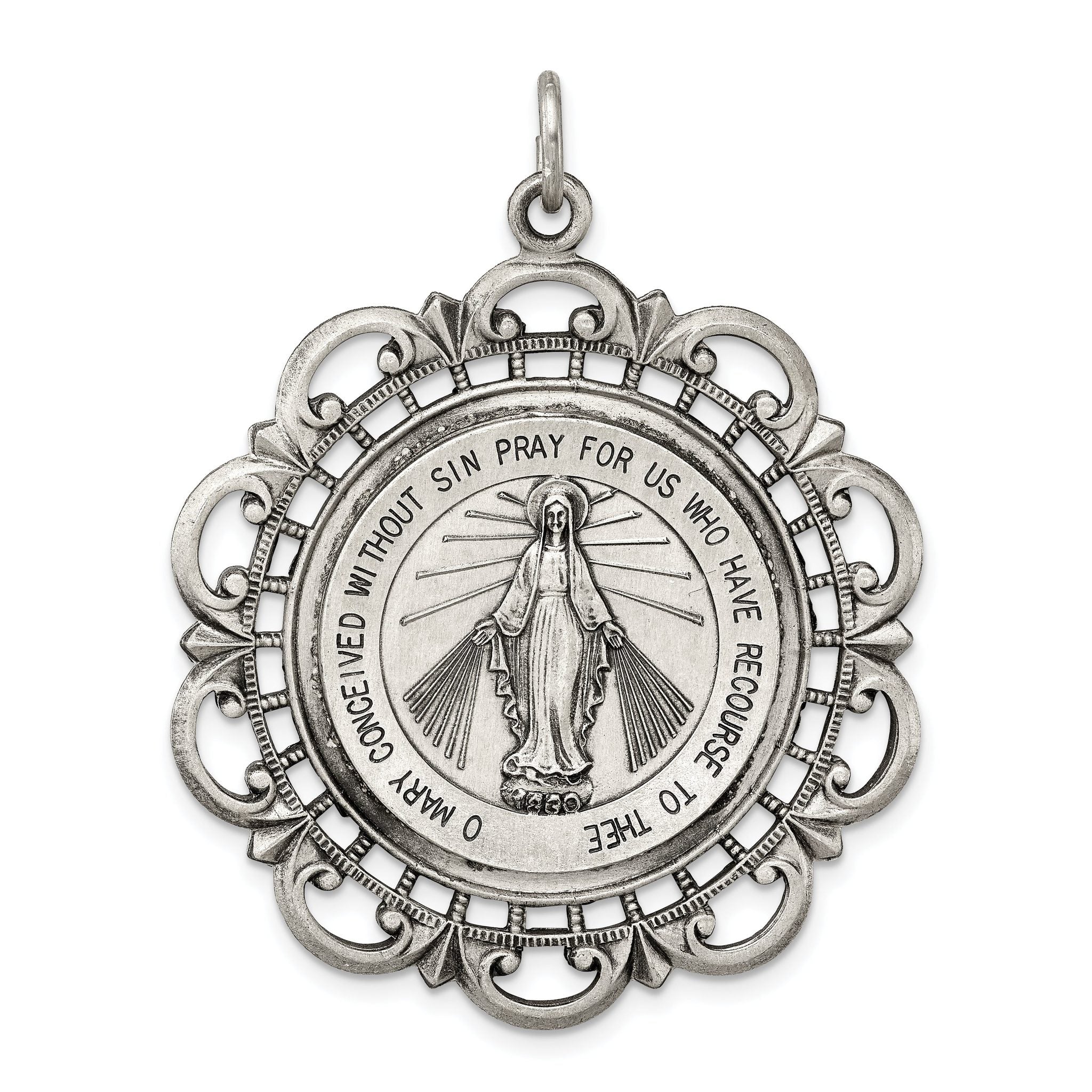 Sterling Silver 925 Antiqued Miraculous Medal Pendant Vintage-Inspired 45mm