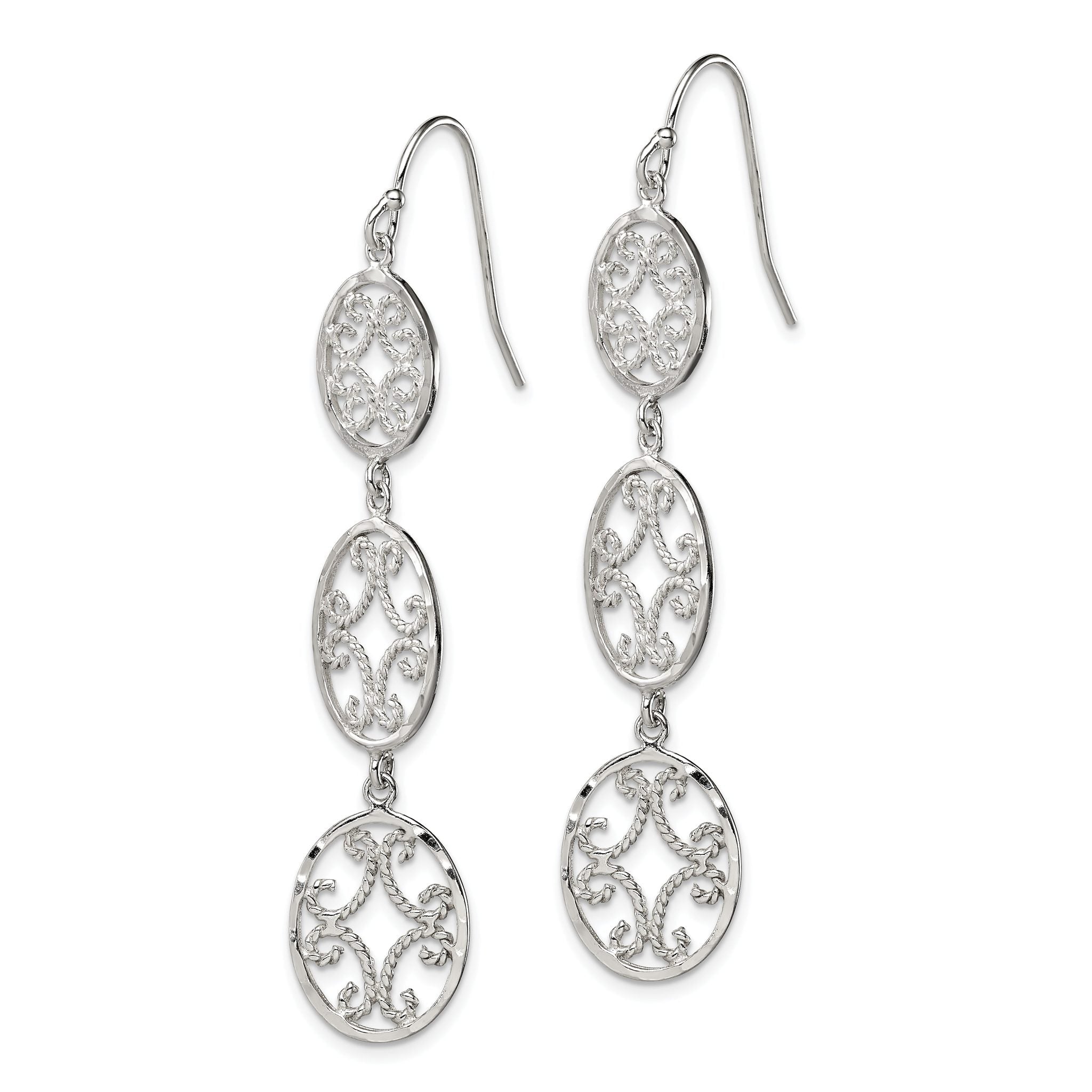 Sterling Silver Polished Diamond-cut Filigree Triple Oval Dangle Earrings Secondary image