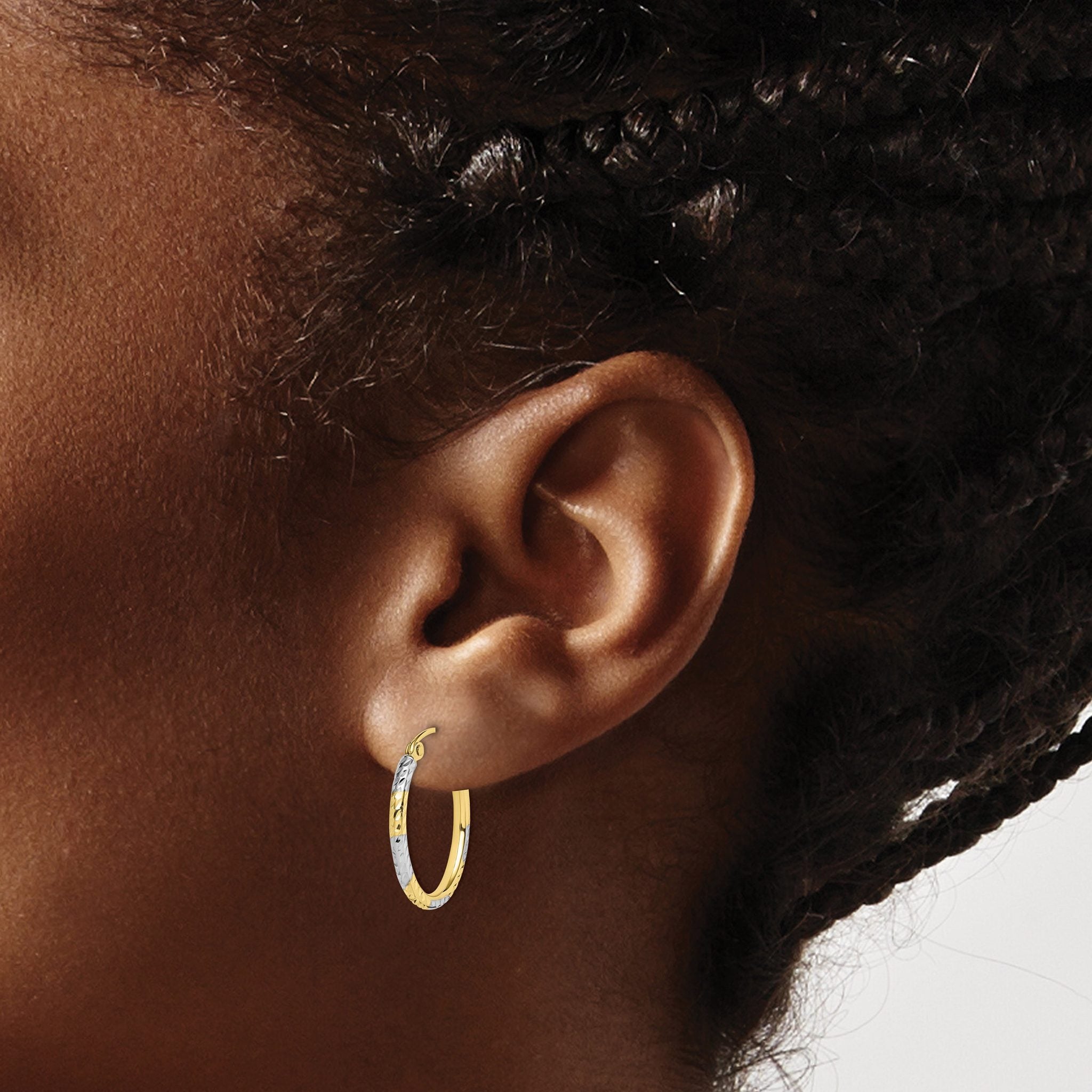 10K Yellow Gold & Rhodium Diamond-Cut Oval Hoop Earrings Polished Finish