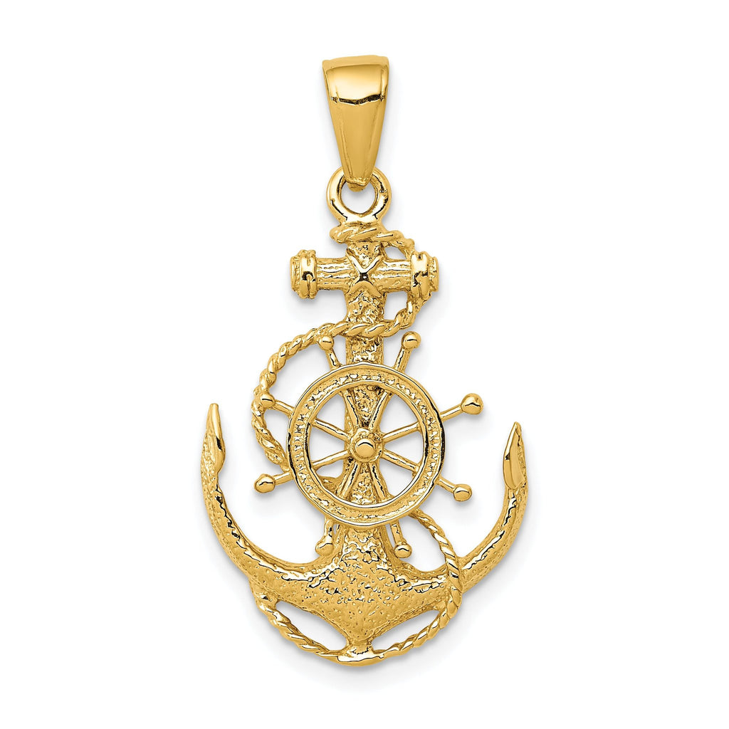 14K Gold Anchor Pendant with Nautical Wheel for Men, Solid Cast Design
