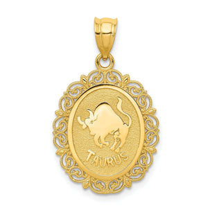 Taurus Zodiac Oval Pendant in 14K Yellow Gold, 28mm Brushed & Satin - Sophia Jewelers