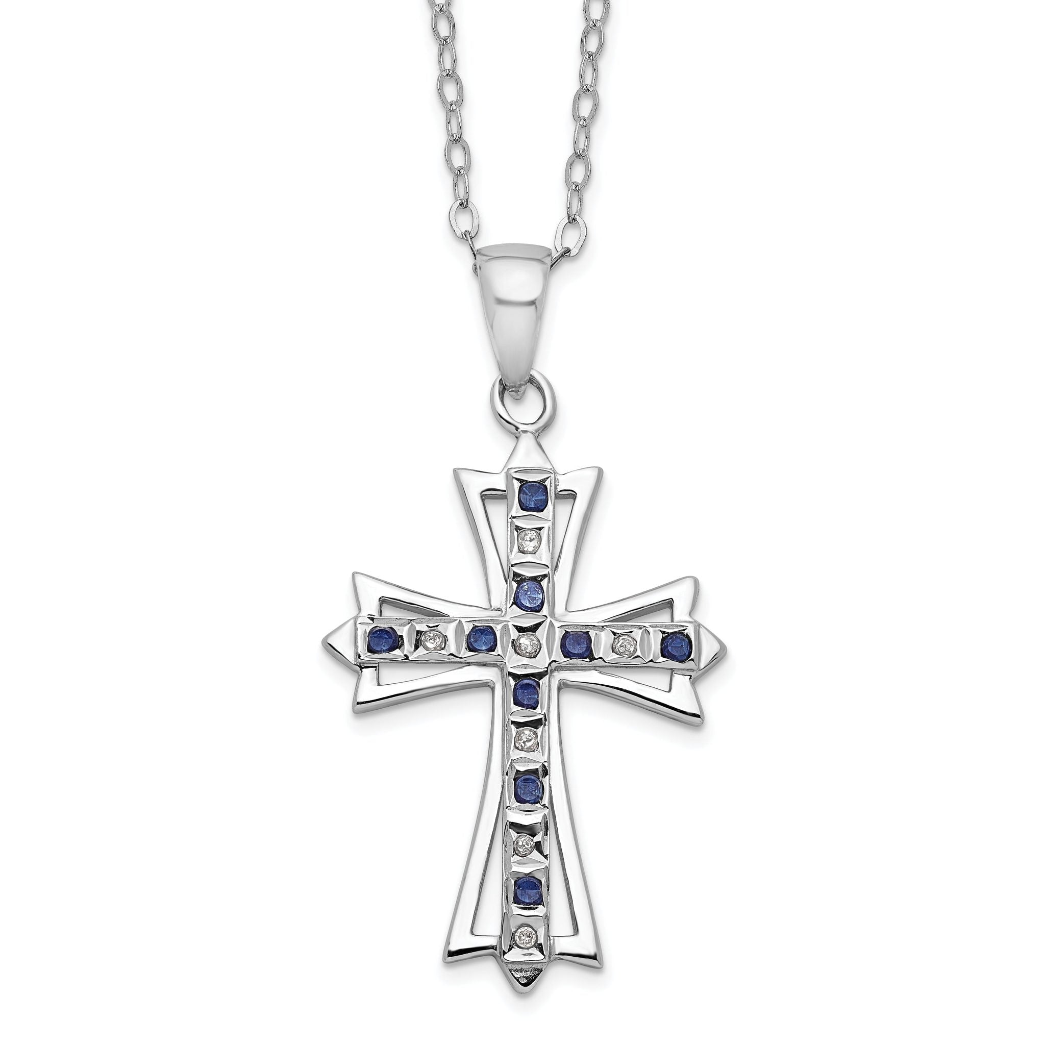 Sophia Jewelers Sterling Silver Diamond and Sapphire Cross Necklace Main image