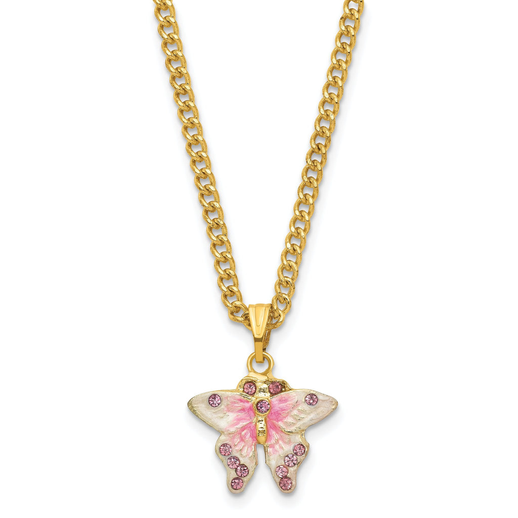 Luxury Giftware by Jere Pewter Bejeweled Crystals Gold-tone Enameled HELLO SPRING Flowers and Butterfly Ring Holder Trinket Box with Matching 18 Inch Necklace