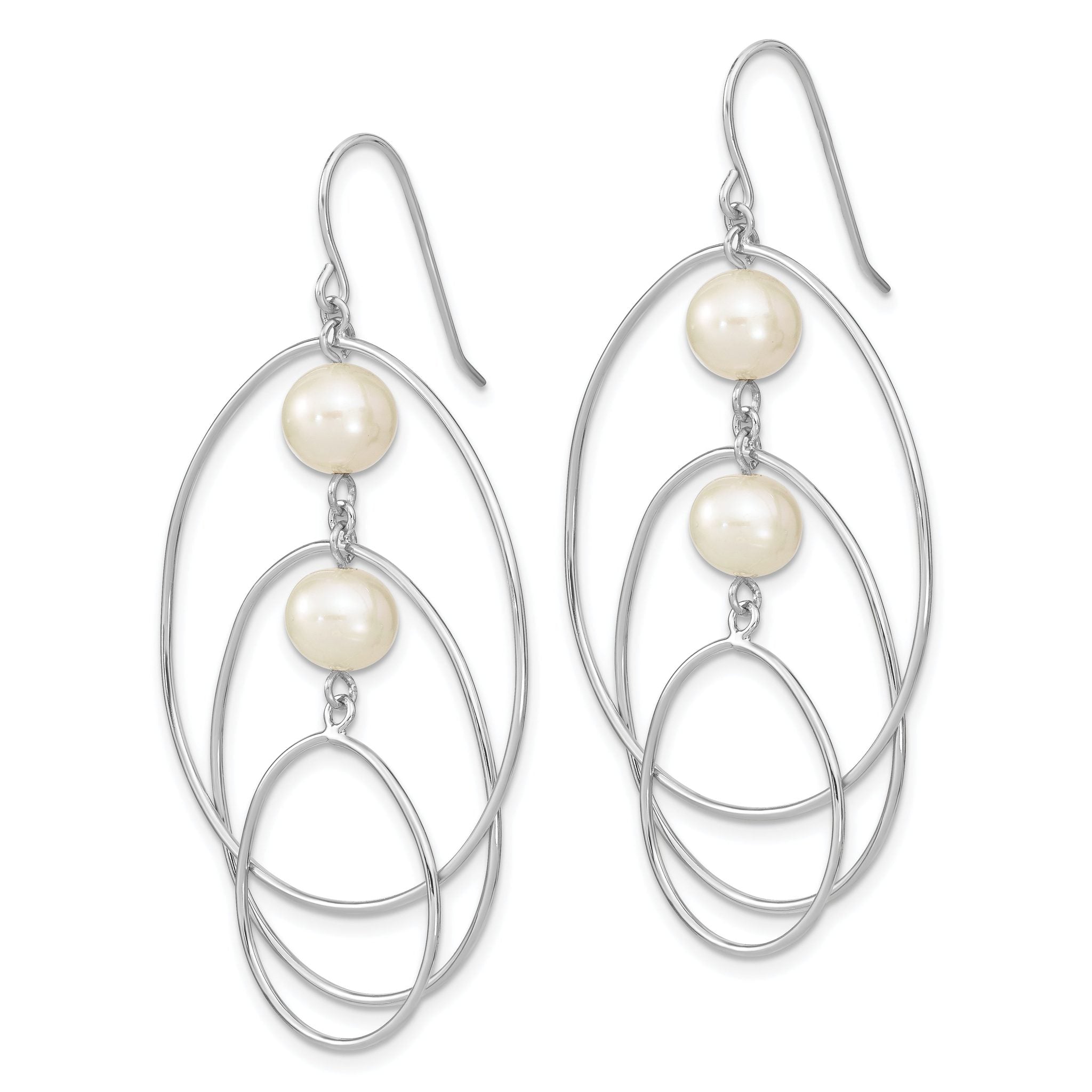 Sterling Silver Rhodium-plated 8-9mm White Semi-Round Freshwater Cultured Pearl Circles Dangle Earrings Secondary image
