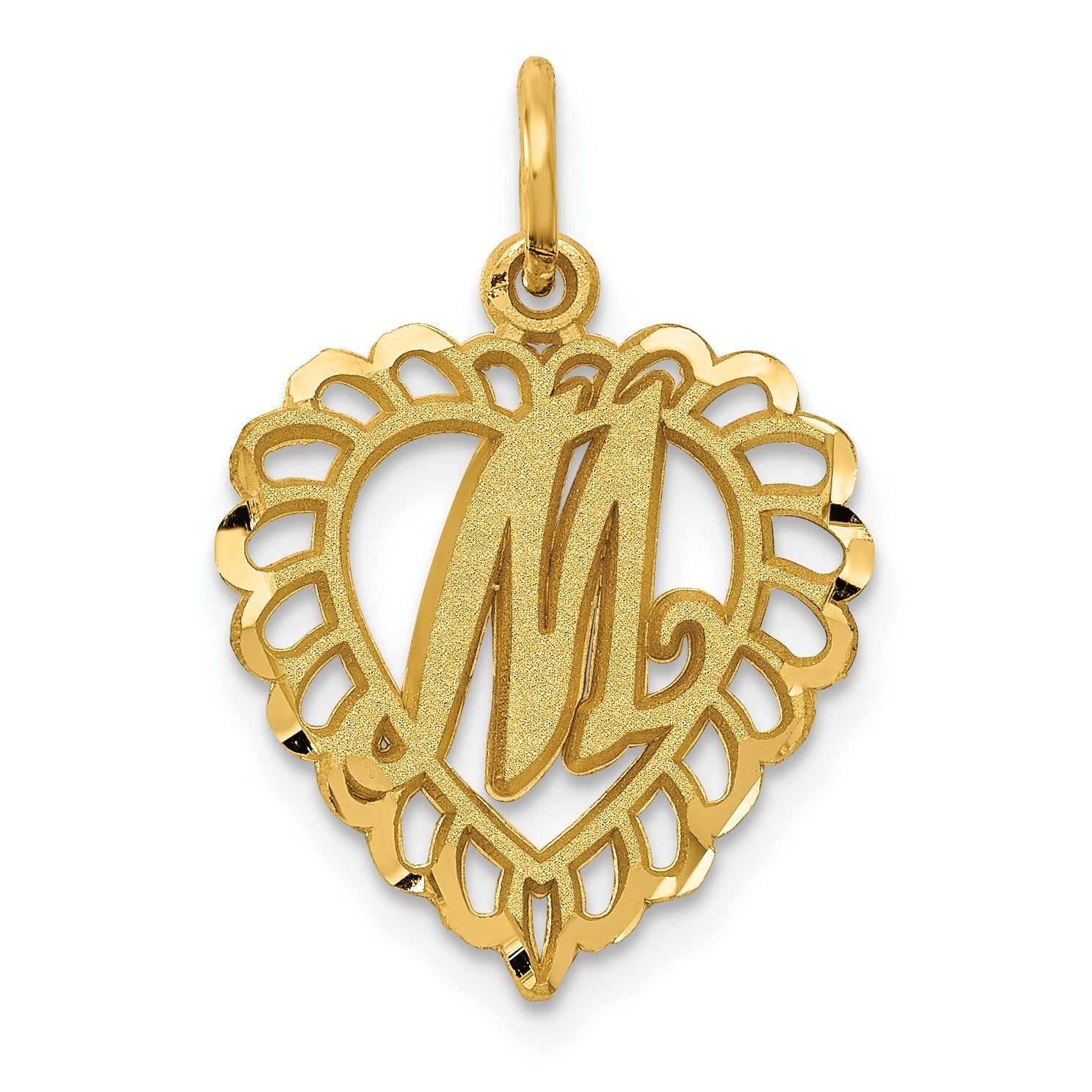 14K Gold Heart Letter M Charm with Diamond-Cut Sandblasted Finish  Elegant Gift