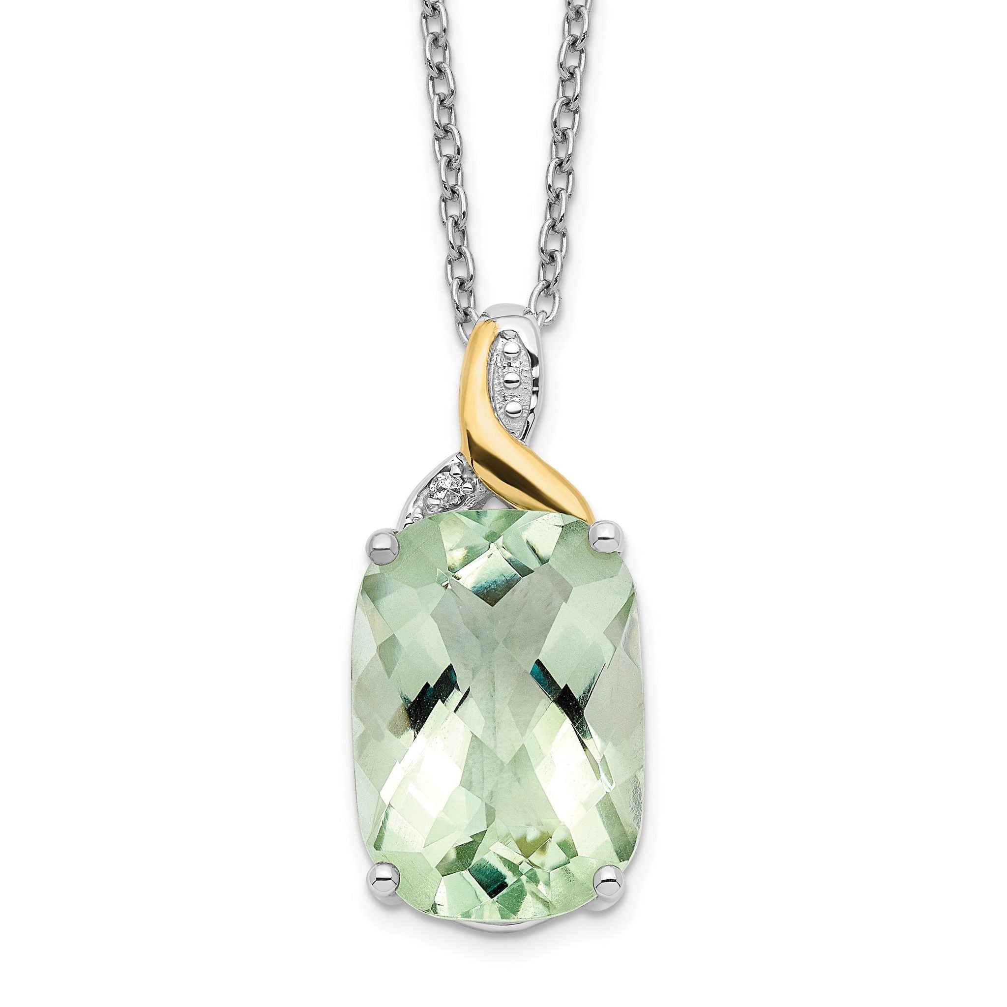Brilliant Gemstones Sterling Silver with 14K Accent Rhodium-plated Green Quartz and Diamond 18 Inch Necklace with 2 Inch Extender Main image
