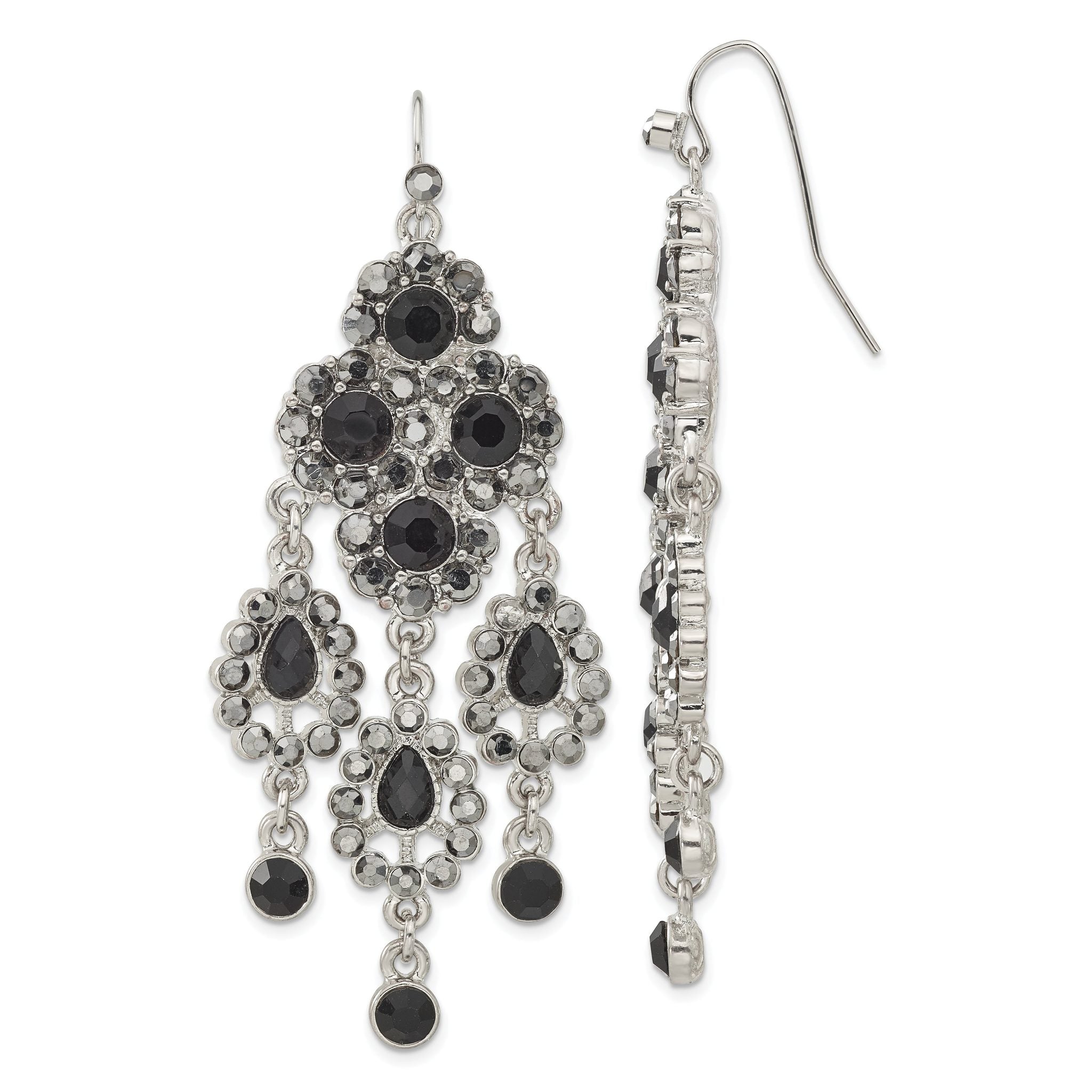 1928 Jewelry Silver-tone Jet Black Glass Stones Chandelier Dangle Earrings Main image