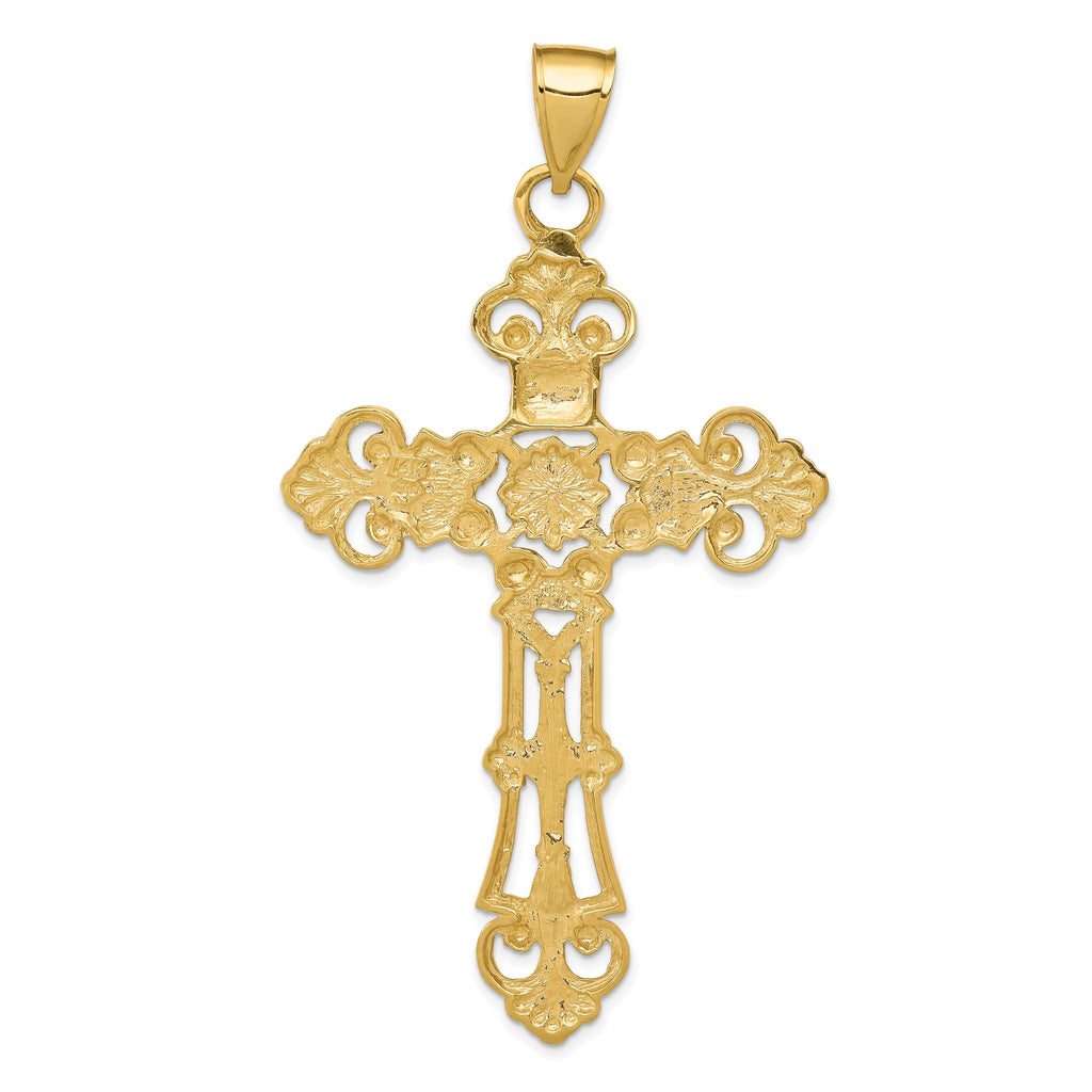 14K Gold Fleur De Lis Large Cross Pendant  Elegant Solid Cast Design