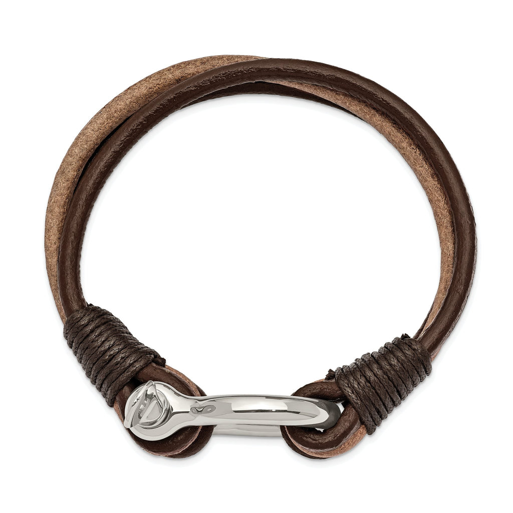 Stainless Steel Polished Shackle Multi Strand Dark Brown and Tan Leather Bracelet for Men