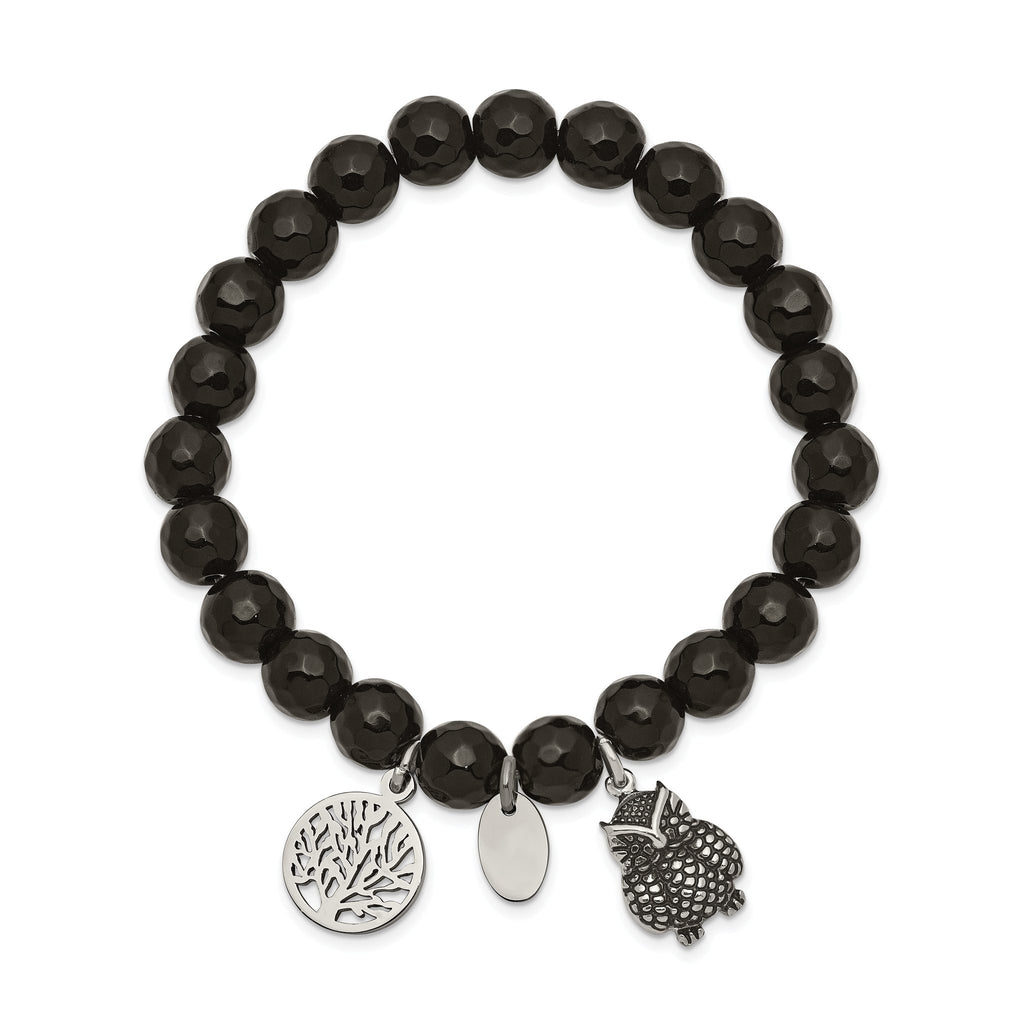 Stainless Steel Antiqued and Polished Owl and Tree of Life 8mm Black Jade Beaded Stretch Bracelet for Women