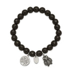 Stainless Steel Antiqued and Polished Owl and Tree of Life 8mm Black Jade Beaded Stretch Bracelet for Women