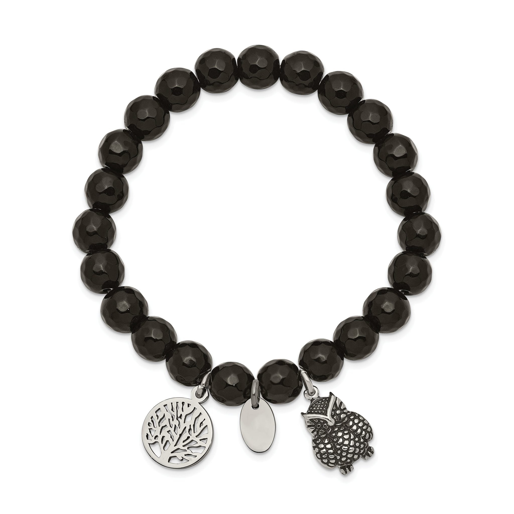 Stainless Steel Antiqued and Polished Owl and Tree of Life 8mm Black Jade Beaded Stretch Bracelet for Women