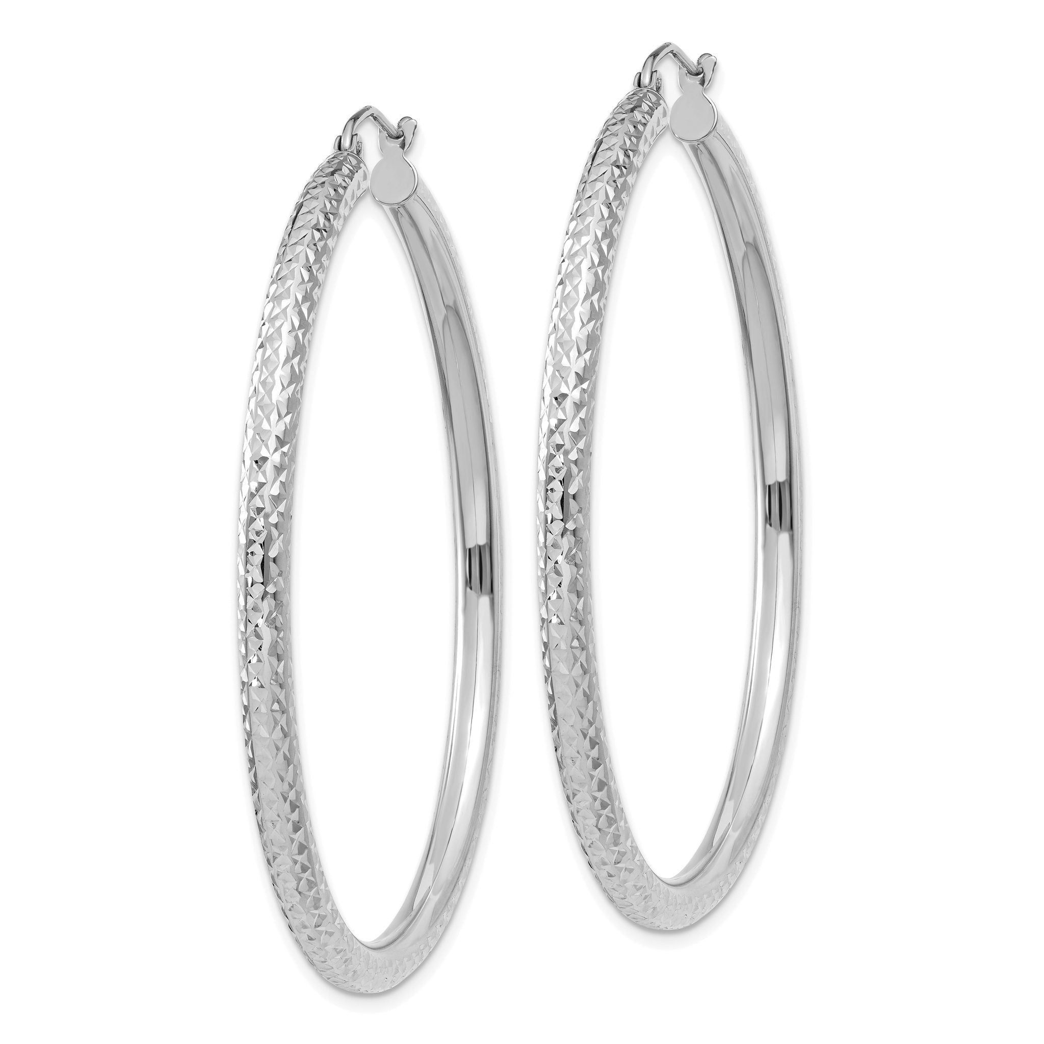 14k White Gold Diamond-cut 3mm Round Hoop Earrings Secondary image