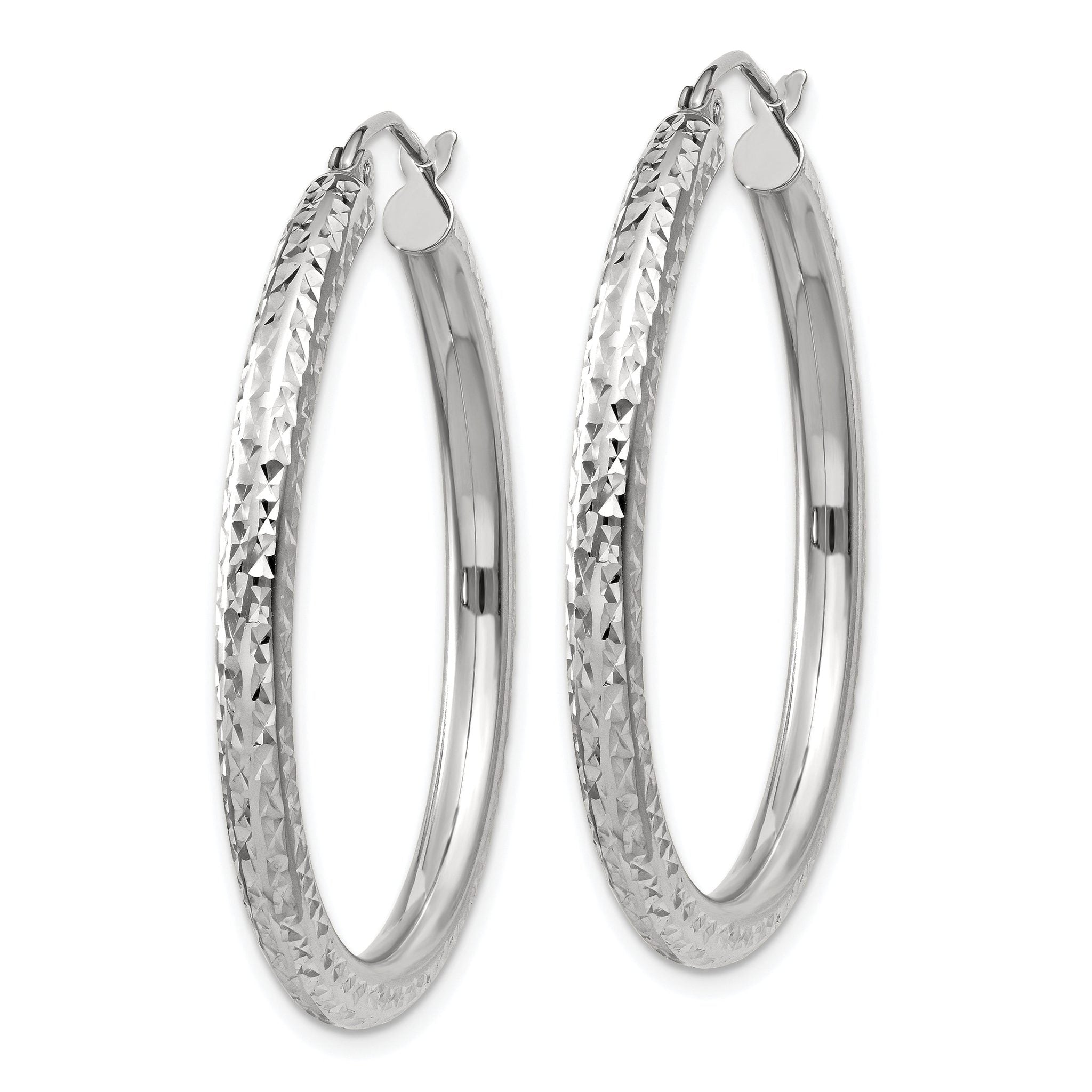 10k White Gold Diamond-cut 3mm Round Hoop Earrings Secondary image