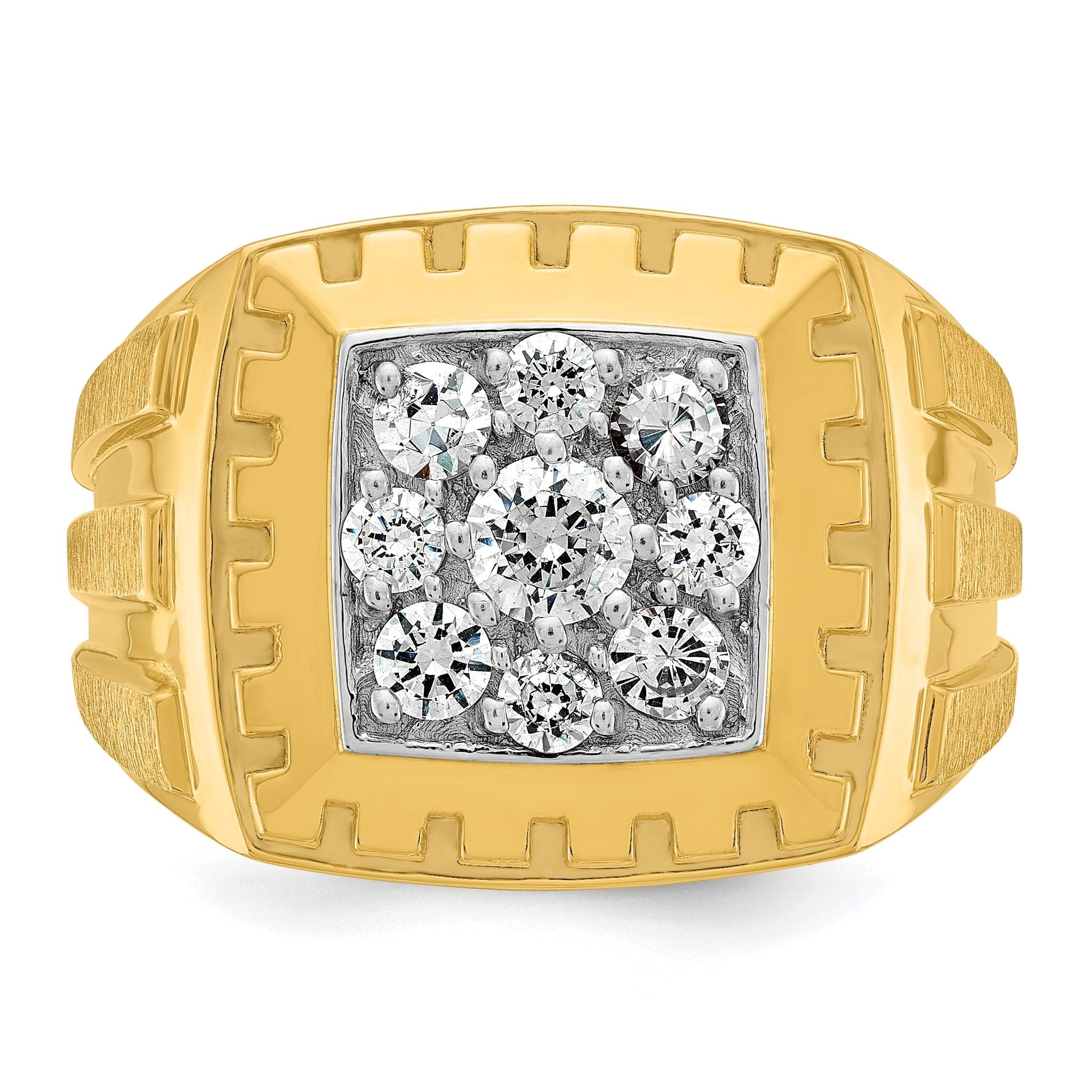 14k Two-tone Men's Polished Satin and Grooved 1 Carat AA Quality Diamond Cluster Ring