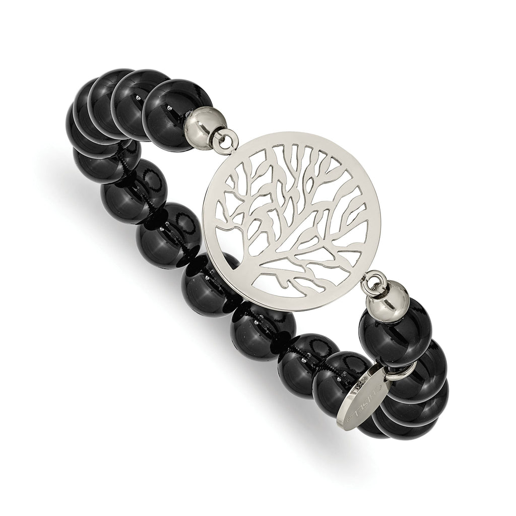 Stainless Steel Polished Tree of Life 8mm Black Agate Beaded Stretch Bracelet for Women