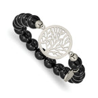 Stainless Steel Polished Tree of Life 8mm Black Agate Beaded Stretch Bracelet for Women