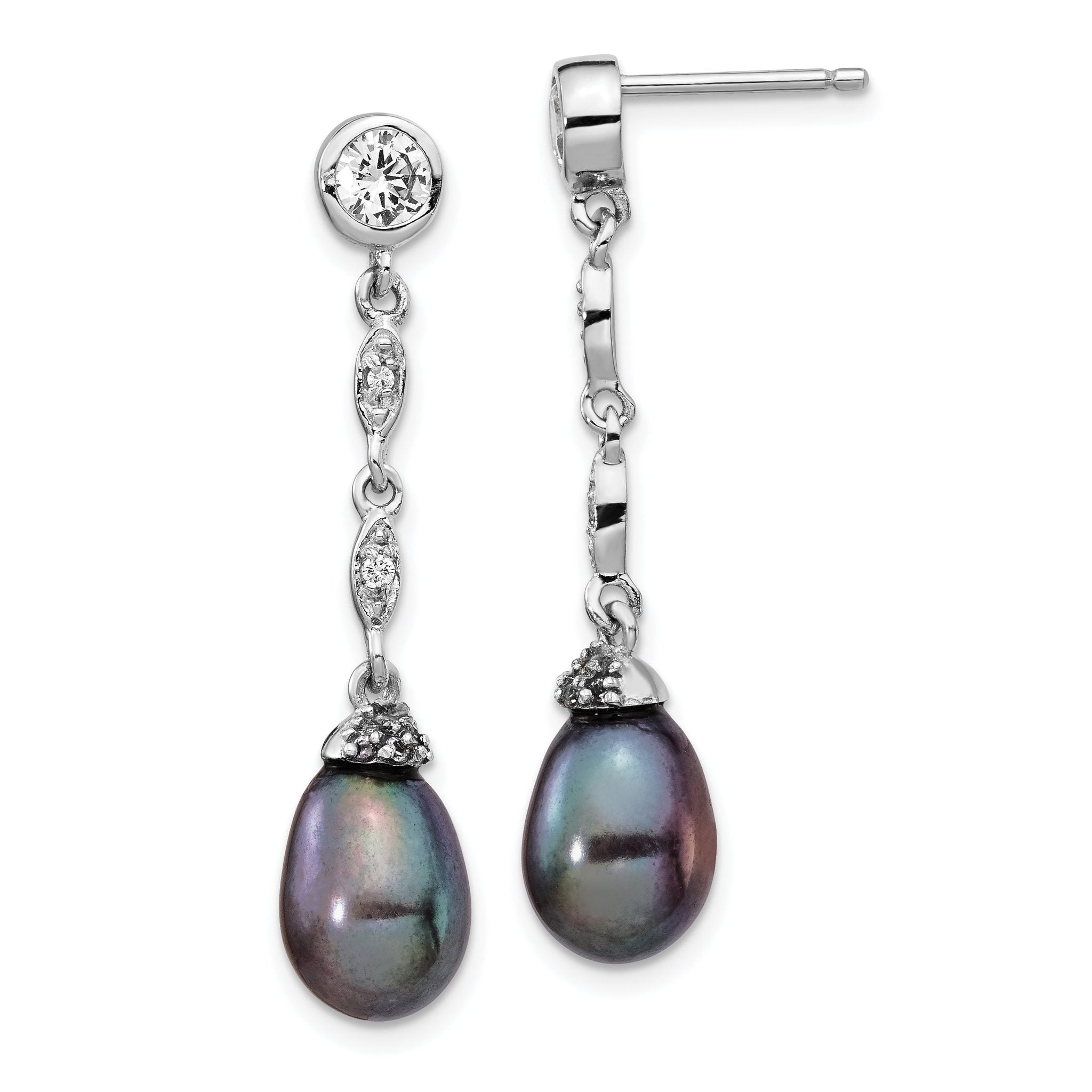 Cheryl Sterling Silver Rhodium-Plated Teardrop Pearl & CZ Dangle Earrings Main image