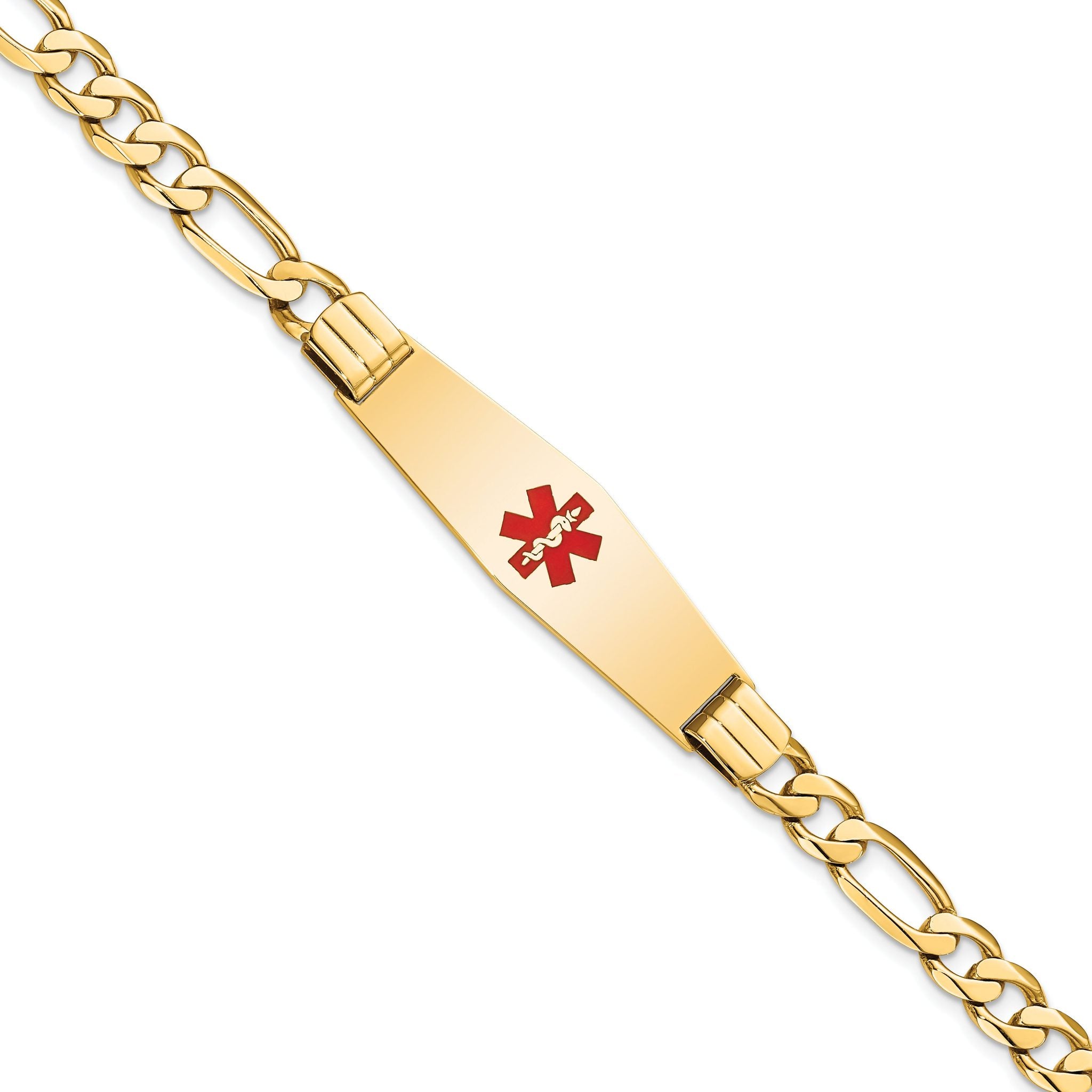 14K Medical Solid Chain/Solid Plate Soft Diamond Shape 40x12mm Centered Red Enamel Flat Figaro Link 7 inch ID Bracelet Main image
