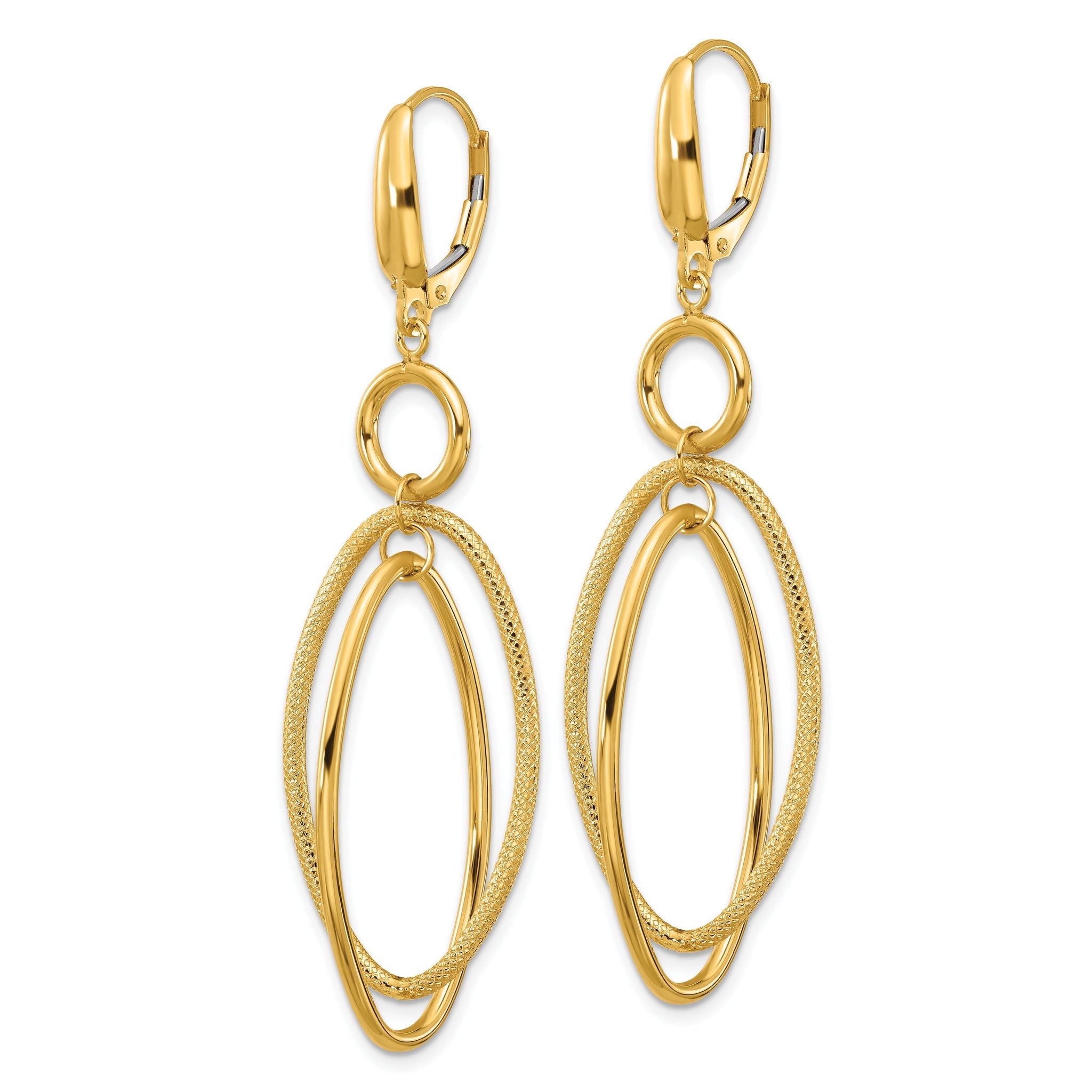 14k Polished and Textured Oval Dangle Leverback Earrings Secondary image