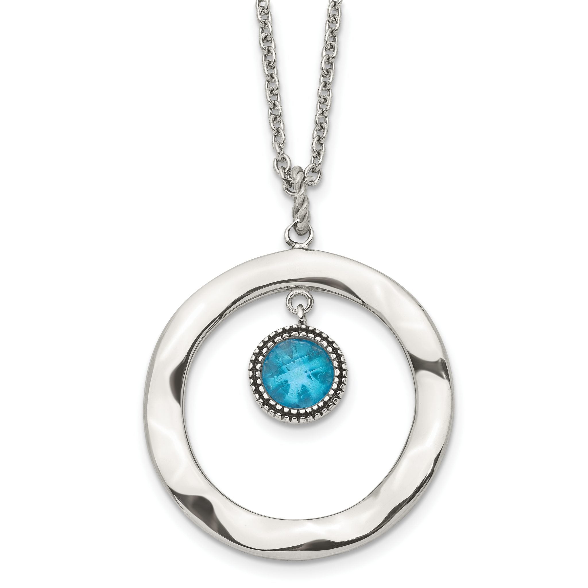 Stainless Steel Polished Blue Glass Circle 18in w/ 2in ext Necklace Main image